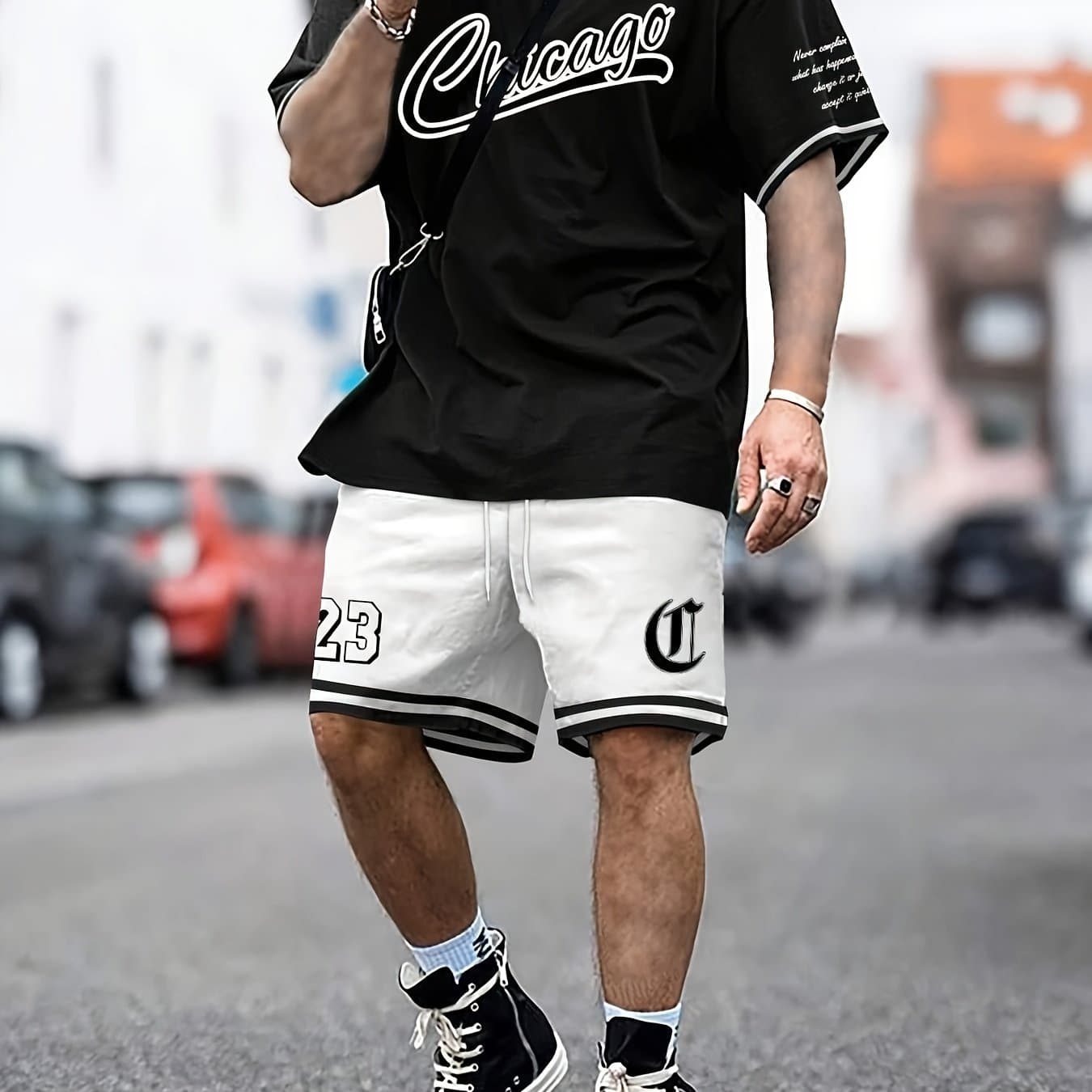 TEMU Athletic Series Print Men's 2pcs Fashion Casual Set, Round Neck Short Sleeve T-shirt And Tapered Shorts Outfit, Suitable For Spring Summer Exercise, Men' Clothing