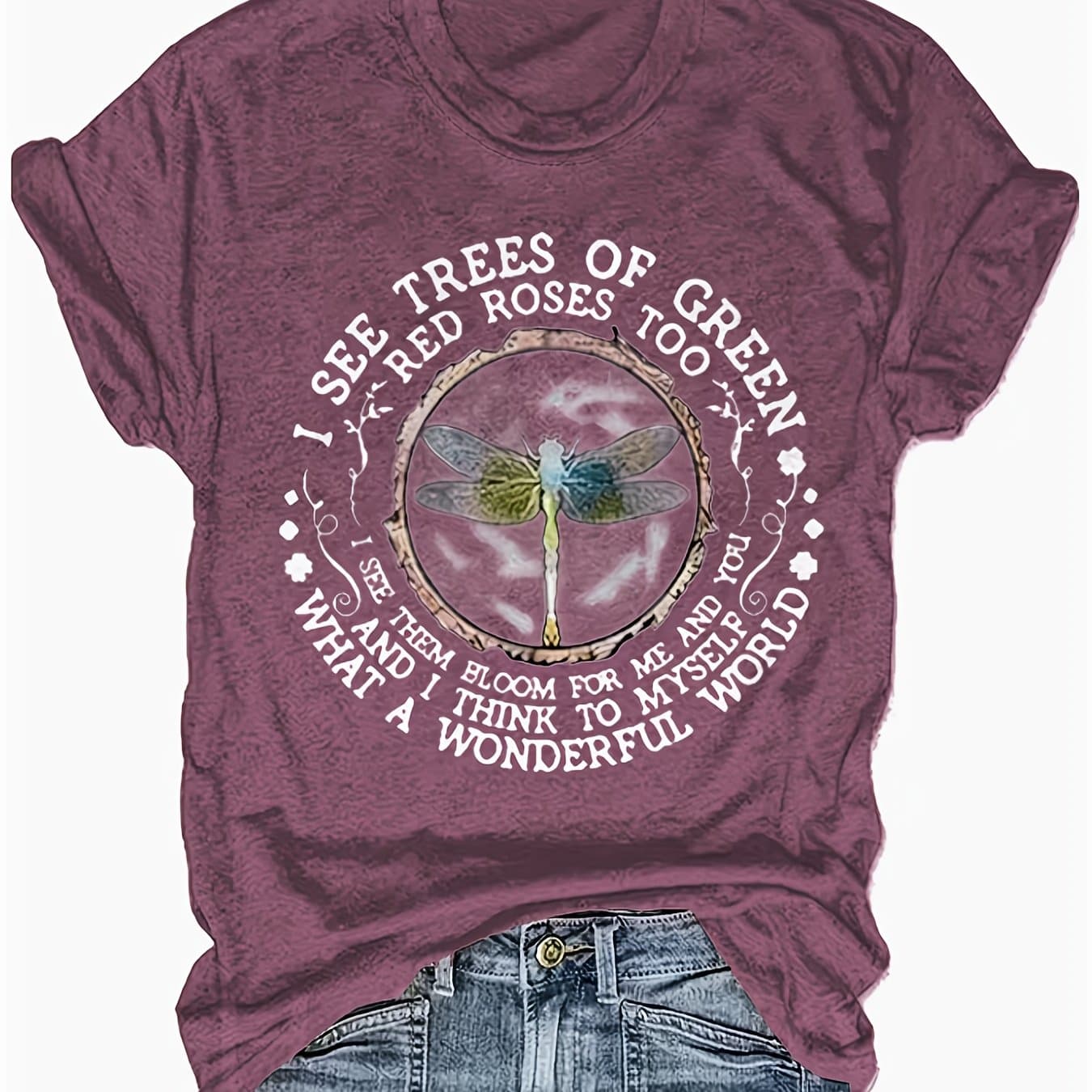 TEMU Dragonfly And Nature Quote Creative Women's Casual T-shirt, Round Neck Short Sleeve T-shirt, Machine Washable, Simple And Versatile Breathable Spring And Summer (vacation And Travel Theme)