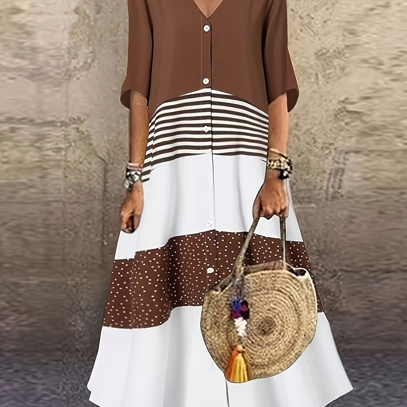 TEMU Color-block Long Elegant Dress, Temperament Button Decor V-neck Skirt, 3/4 Sleeve Striped Printed -season Wear Versatile Casual Dress