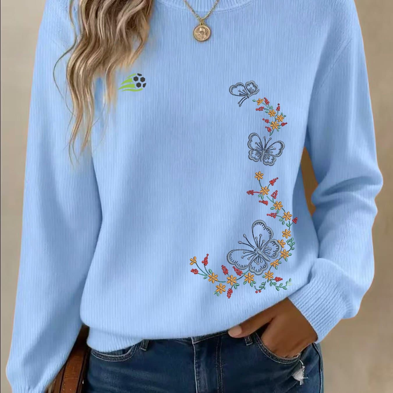 TEMU New Women's Fine Indoor Sweater, Round Neck Long Sleeve Fine " Imitation Embroidery" Pattern Loungewear Top, Lightweight And Comfortable, Skin-friendly Fabric, Simple
