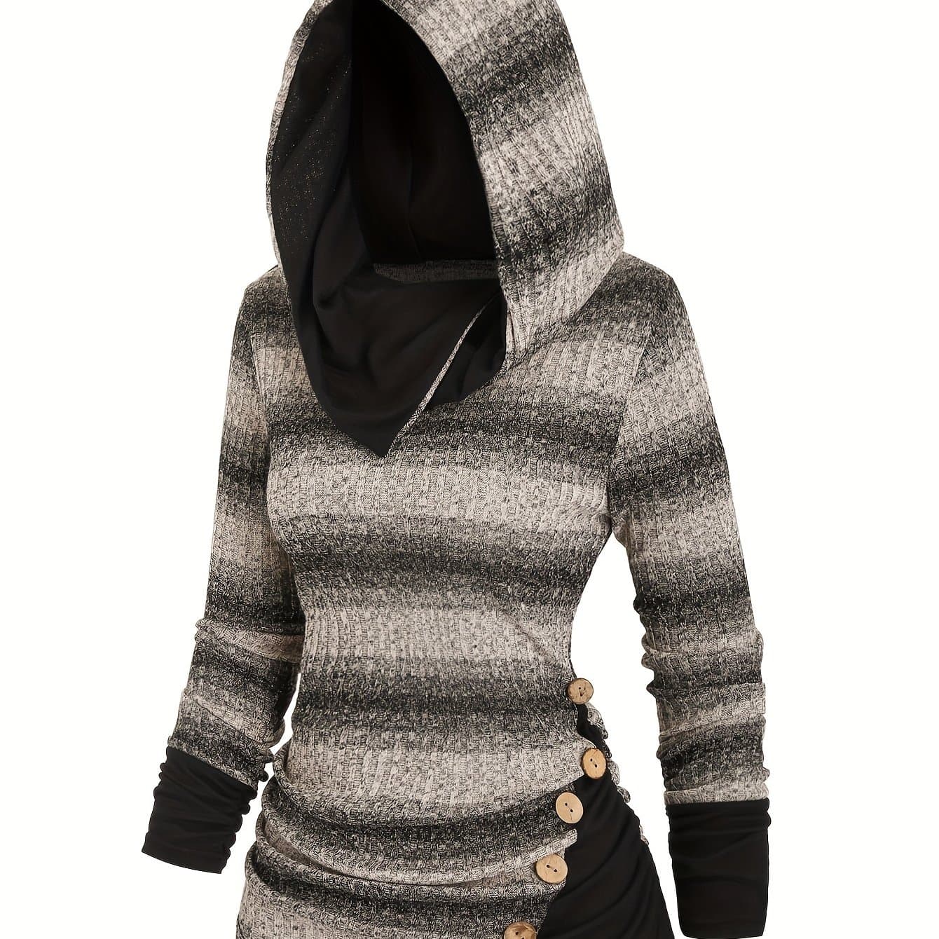 TEMU Women's Striped Print Hoodie With Side And Buttons, Casual Top