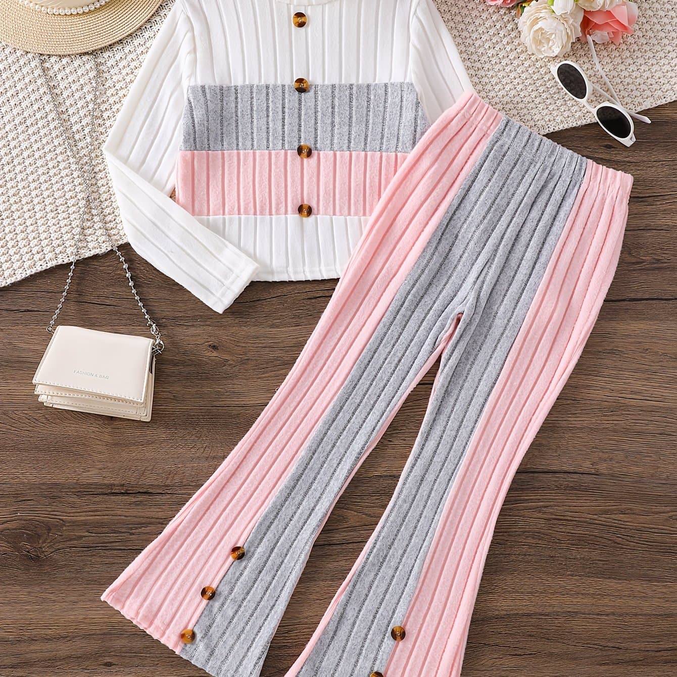 TEMU Girls' Fashion Set | Knitted Semi High Neck Top And Flared Pants Set | Fake Button Design, Comfortable And Soft For Outdoor Wear, Casual Activities - Casual Outfit