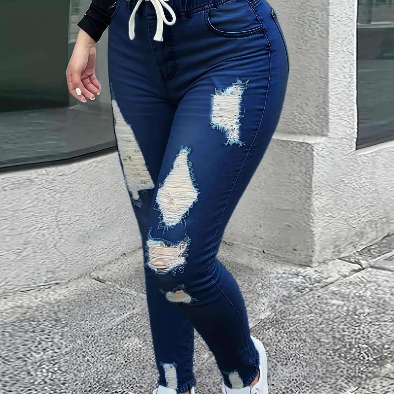 TEMU Women Slim-fit Drawstring Elastic Belt Jeans, Ripped Denim Trousers