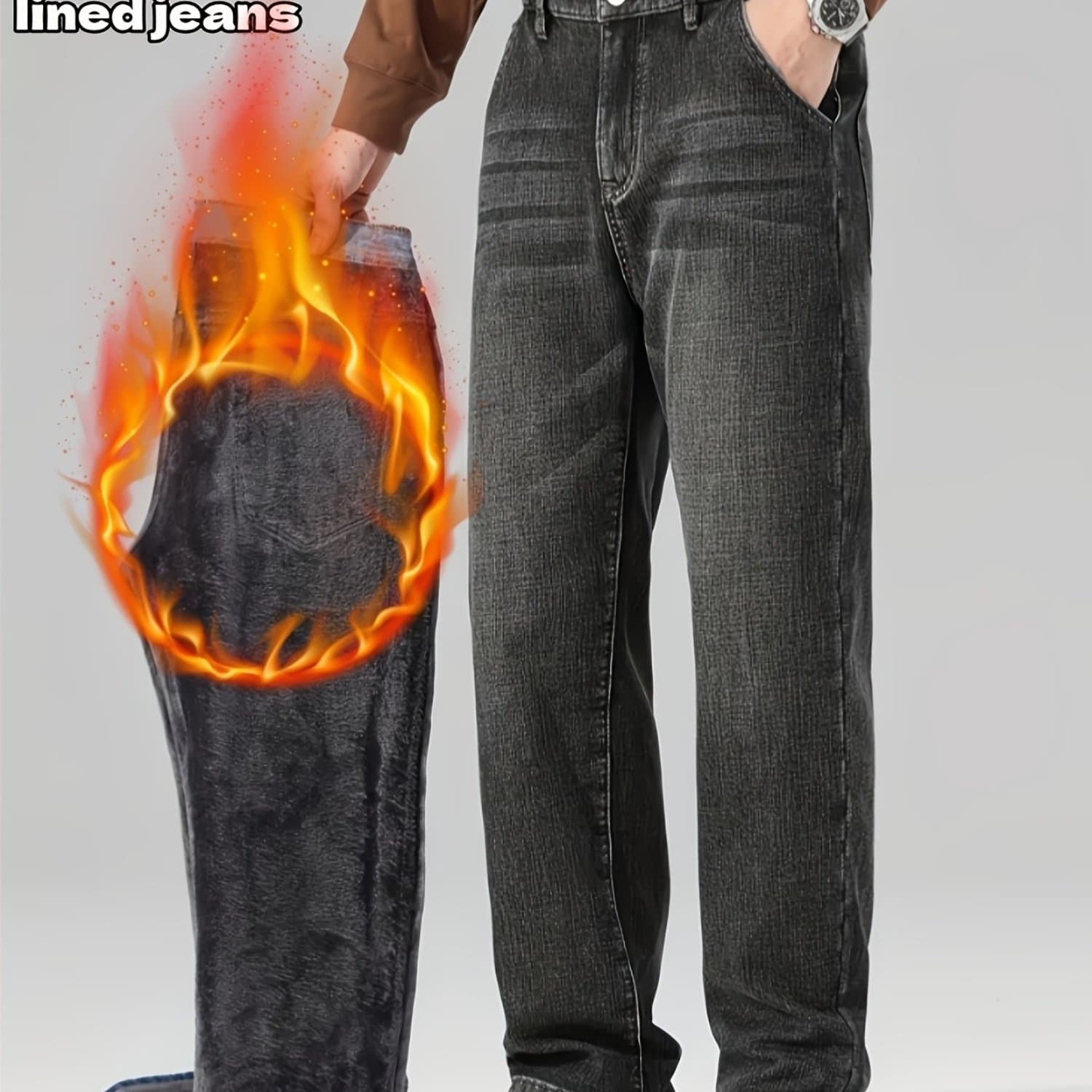 TEMU [hme] 's Thickened Denim Trousers For Autumn And Winter. Heavily Washed And Polished, With Thickened Fleece Lining For Good . Classic And Versatile Men's Warm Winter Thick Jeans