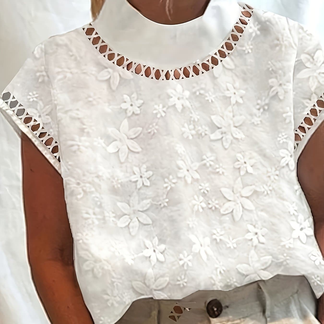 TEMU Women's -up Collar Floral Jacquard Short Sleeve Shirt