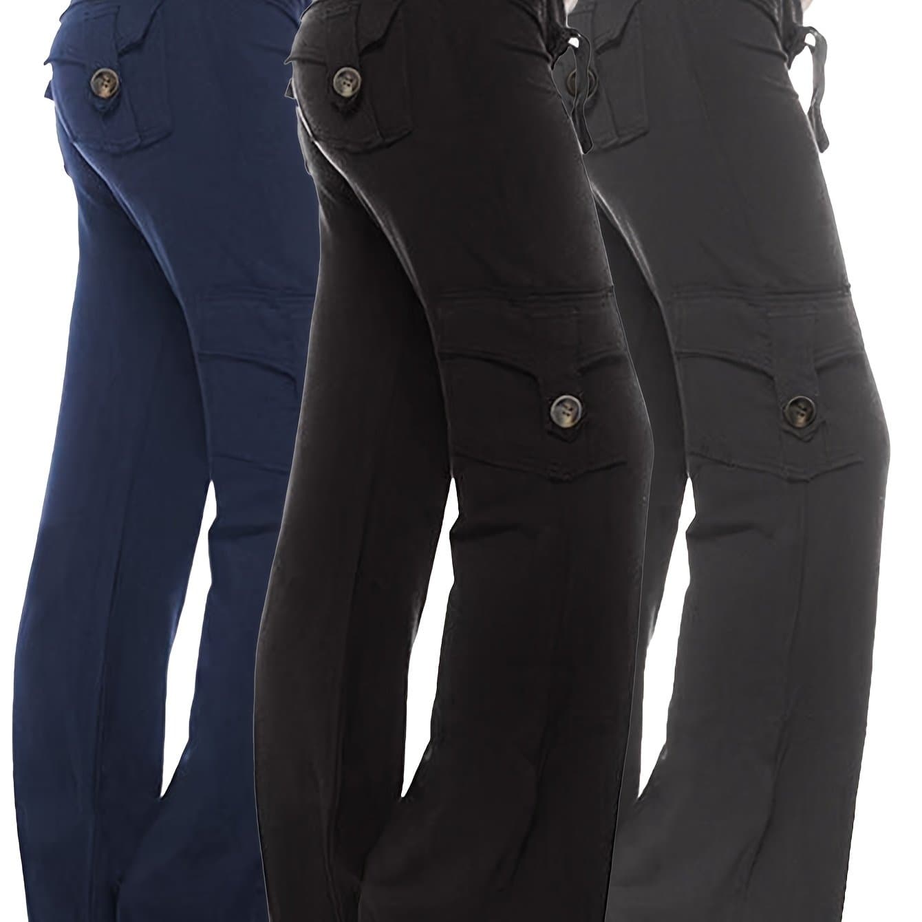 TEMU 3pcs Cargo Pants For Women, High Waist Loose Jogging Pants Plus Size Wide Leg Street Casual Hiking Pants 4 Pockets For Easy Outing. Loose Trousers With Button Pockets And Elastic Waist.