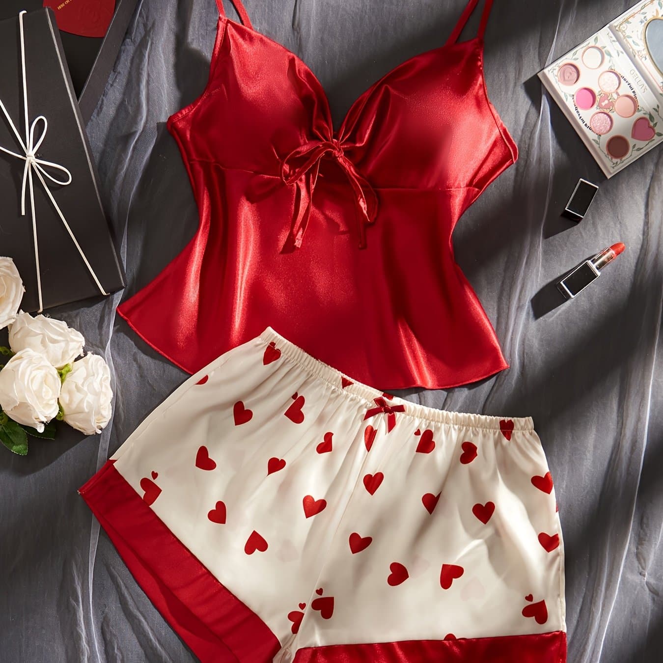 TEMU Women's Valentine's Day New Sexy Bow Top And Heart Shorts Set