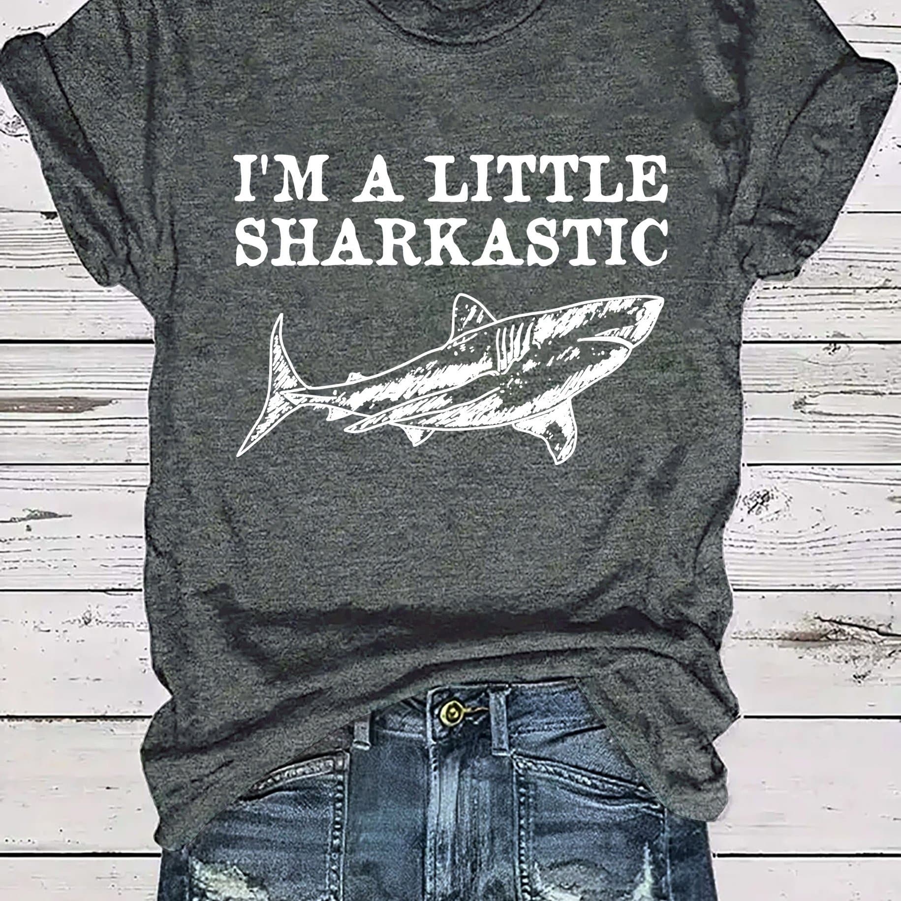 TEMU Women's Casual Crew Neck T-shirt, Polyester Knit Fabric, Regular Length, With "i'm A Little Sharkastic" Slogan And Shark Graphic, For All