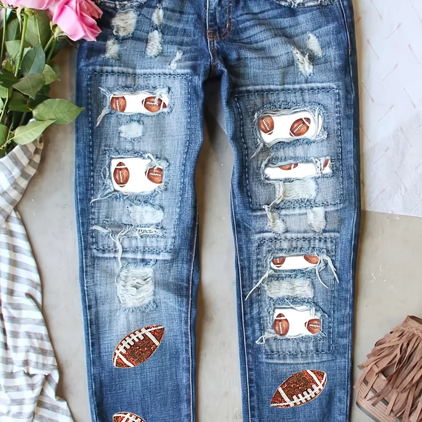 TEMU Women's Plus Size Denim Apparel Ripped Print Football Streetwear Color Block Hip Hop Mid-rise Straight Leg Pants