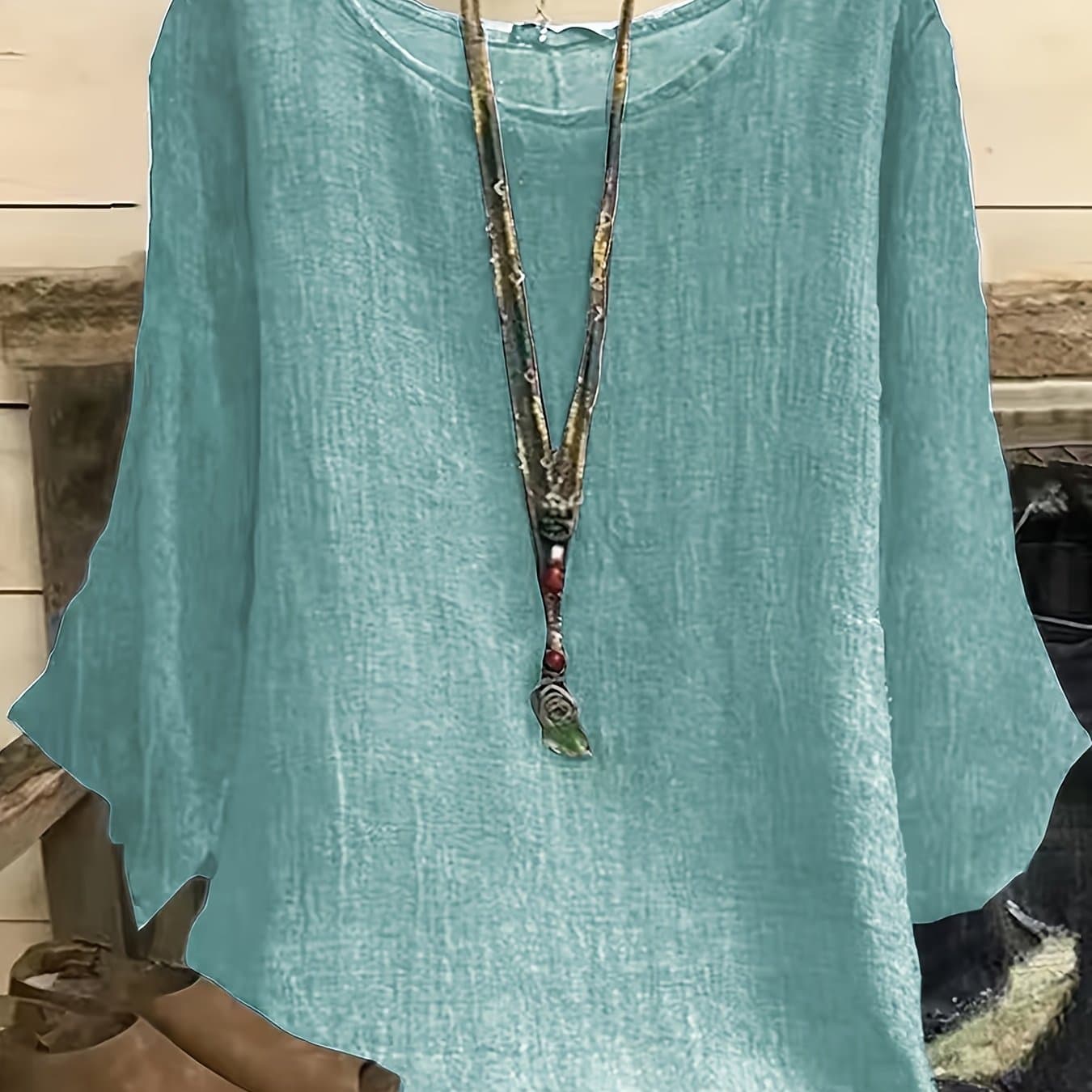 TEMU Plus Size, Plus Size Casual Women's Wear, Plus Size Top, Round Neck Three-quarter Sleeve Solid Color T-shirt