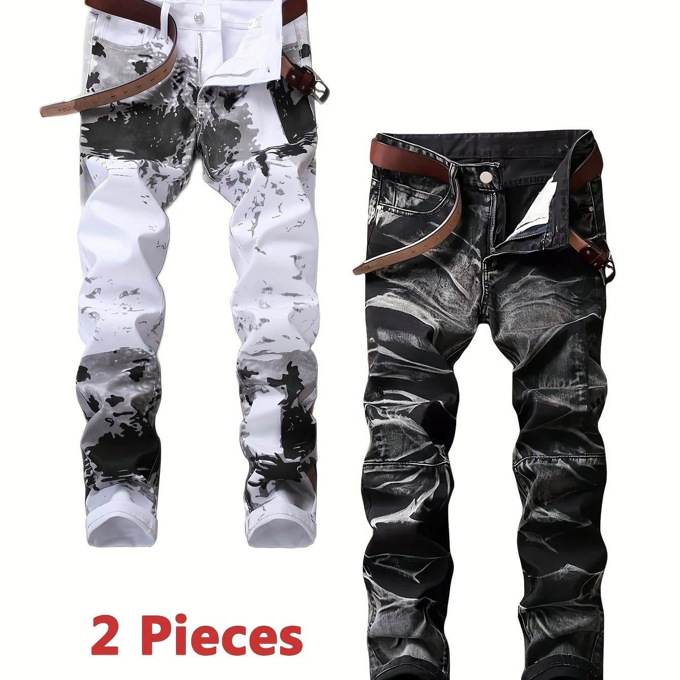 TEMU 2 Piece Men's Denim Pants, Casual Trousers For All Comfortable Straight Streetwear, Soft Slim Fit White And Men's Jeans