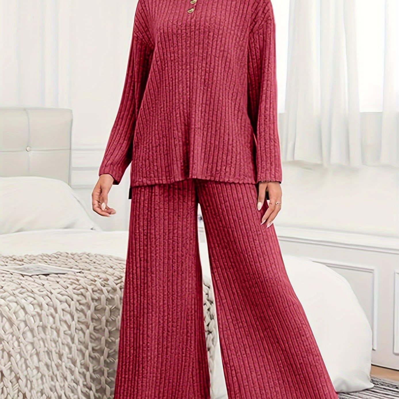 TEMU Women's Casual 2pcs Set With Ribbed Long Sleeve Pullover And Wide Leg Pants