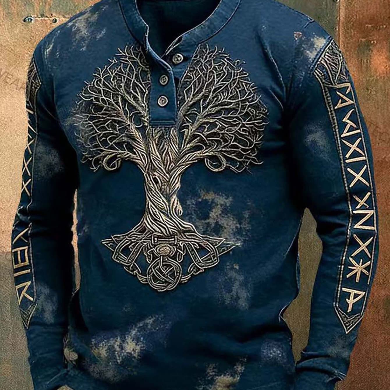 TEMU Viking Tree Of Life Men's Long Sleeve Henley Shirt Men's For Dad Outdoor Sports Suitable For Going Out Durable Casual Fashion