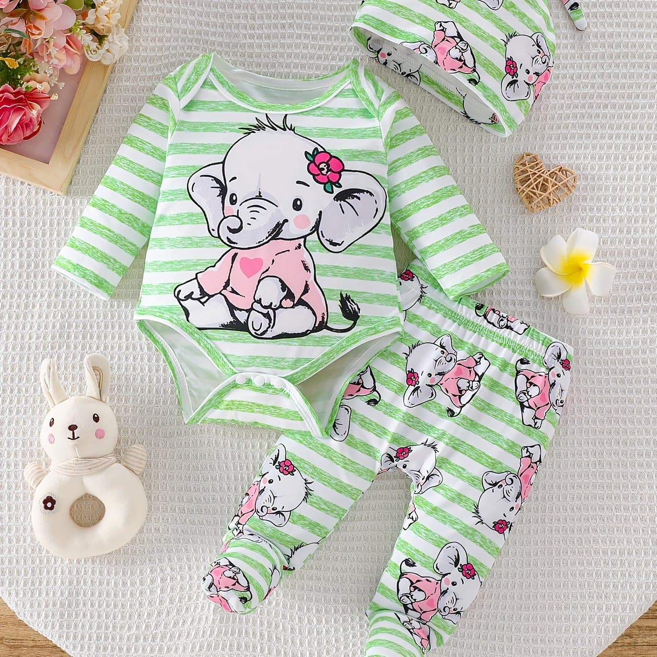 TEMU Girls' Cute Elephant Print Bodysuit + Pants Set With Hat - Baby Crawling Outfit For Spring/autumn, Infant And Toddler Boys' Playwear, Outdoor