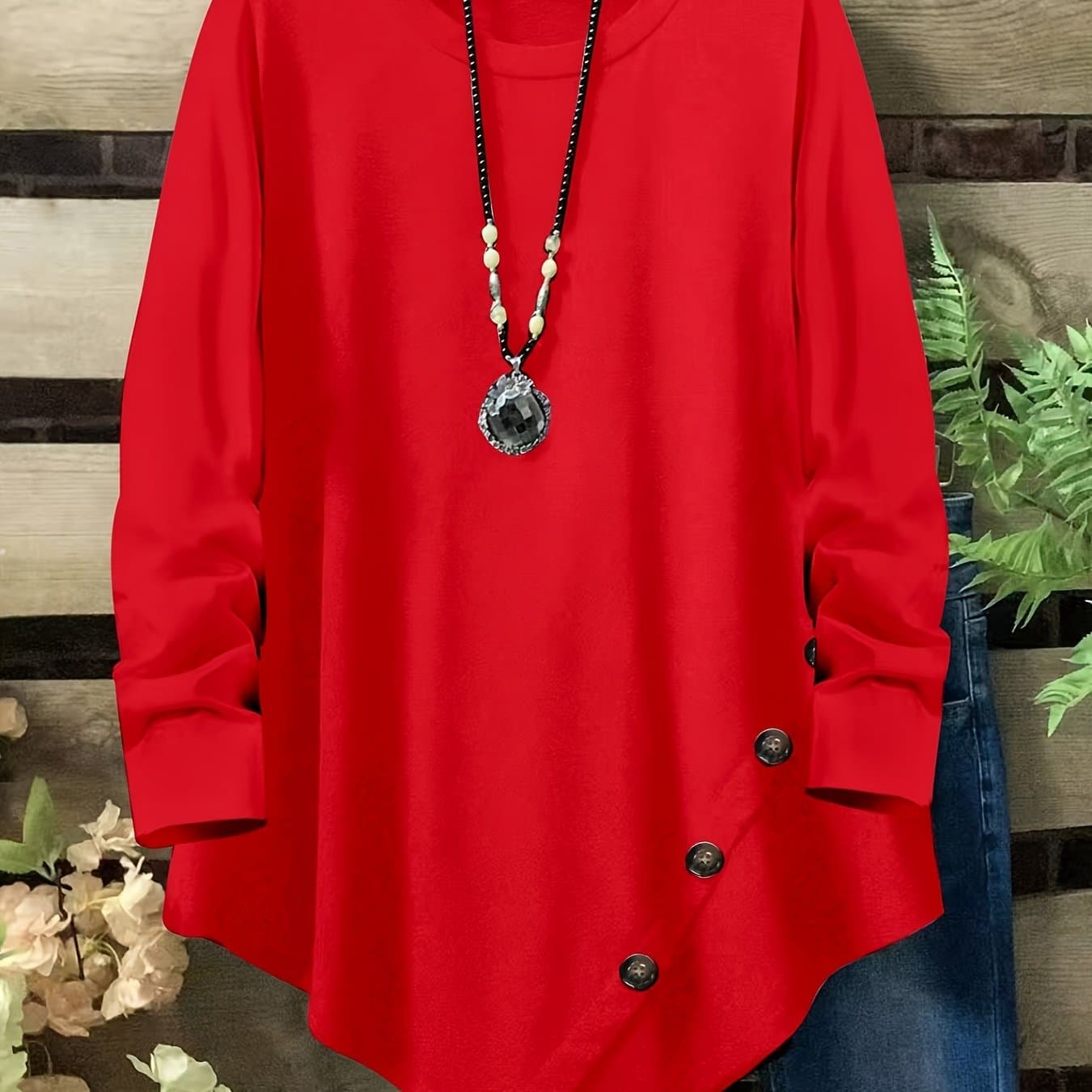 TEMU Plus Size, Plus Size Loose Fit | Long Sleeve | Casual, Button-decorated Round Neck Asymmetrical Hem Women's Top
