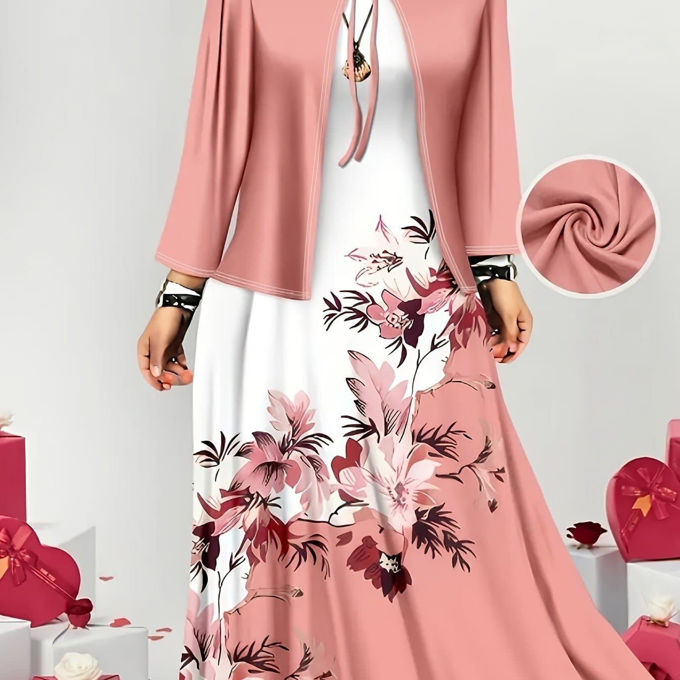 TEMU Ladies' Fashion Solid Color Long Sleeve Cardigan + Casual Floral Print Sleeveless Dress | Crew Neck, Asymmetrical Detail, Machine Washable, Ideal For Daily Parties