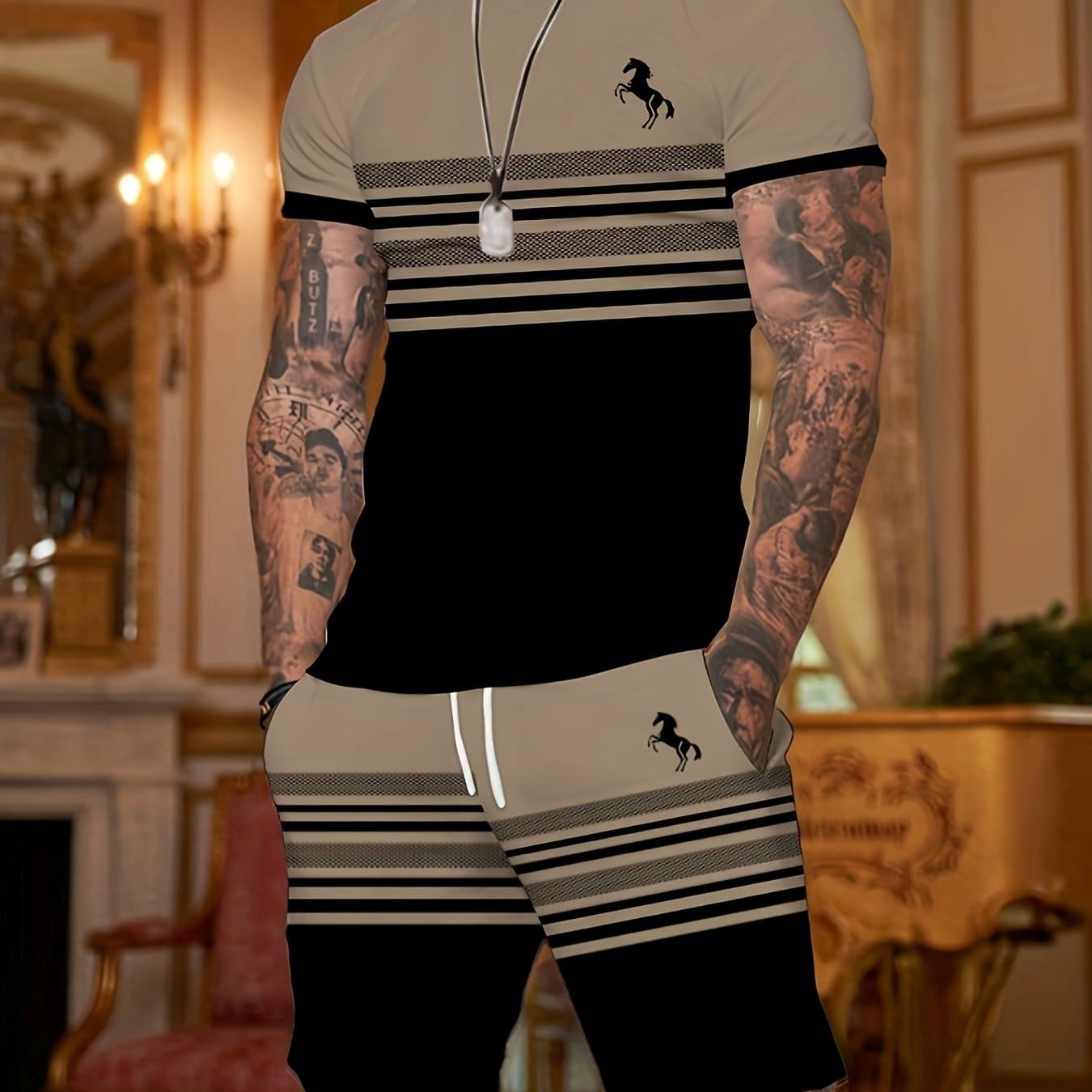 TEMU 2pcs Men's Grey Black Striped Set With Grey Black Splicing+striped Decoration+ Logo Short Sleeve+same Element Shorts 2pcs Set For Men's Casual Clothing
