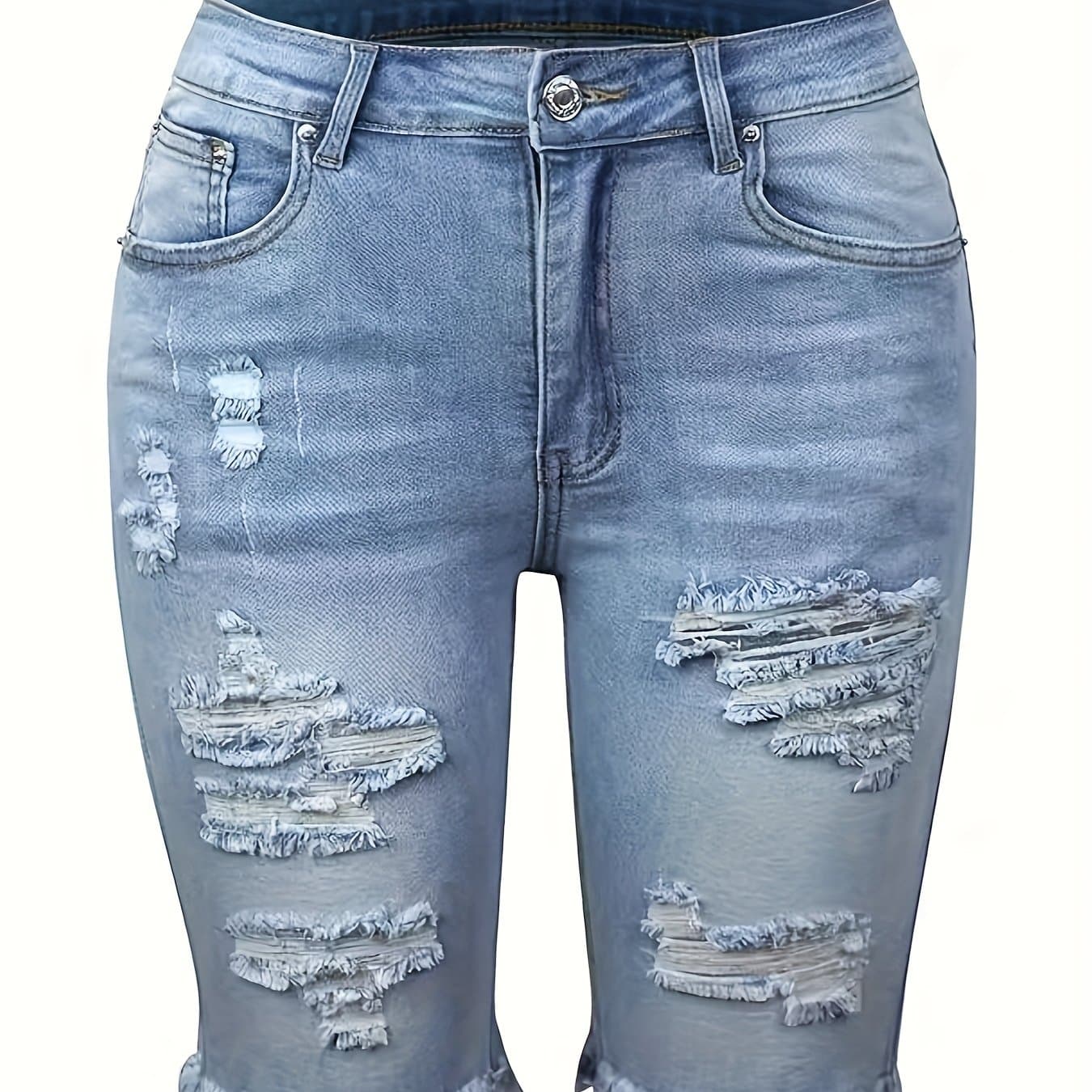 TEMU Women's Plus Size Distressed Denim Short, Ripped High-elastic -edge Shorts, Light Blue Denim Shorts, Fringed Elastic Mid-waist Pants,