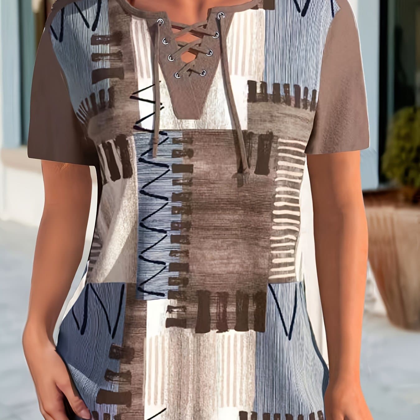 TEMU Women's Geometric Print Short Sleeve T-shirt With Large Eyelet Lace-up Detail