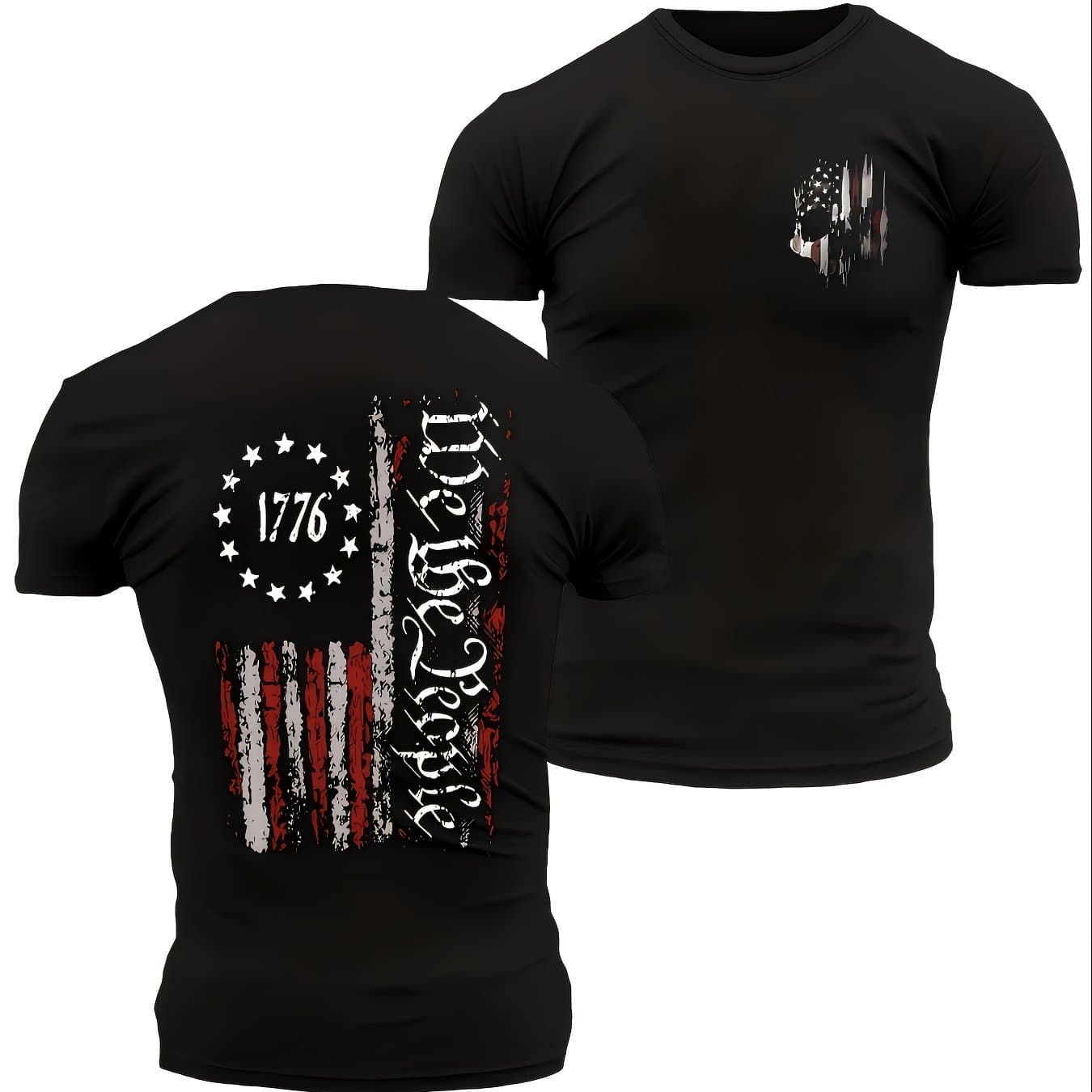 TEMU Men's Casual Crew Neck T-shirt With 1776 American Flag & Print, Geometric Pattern, Medium Stretch Fabric, Summer Regular Fit Tee - 1 Count, Patriotic Clothing Patriotic Tshirt Sty