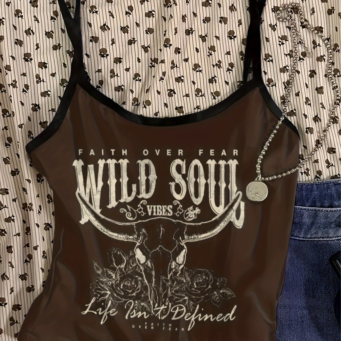 TEMU Vintage Street Style Western Cowboy Skull Print, Sexy Short Camisole Top, Summer