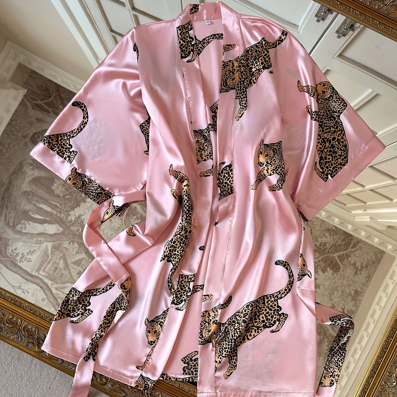 TEMU Leopard Print Jacquard V-neck Tie Sleep Robe