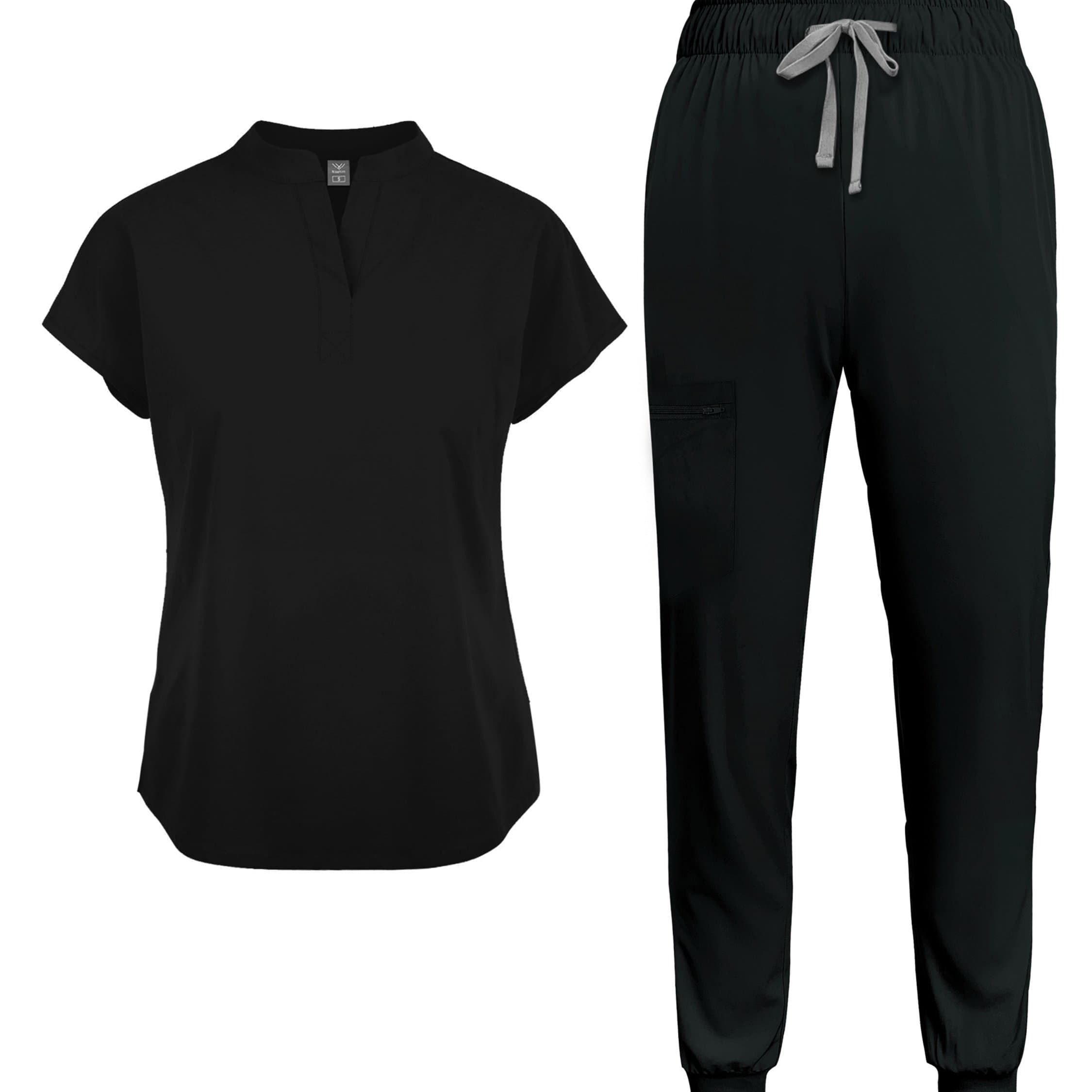 TEMU Women's Casual Scrub Set - Solid Color Short Sleeve Tunic & Pants With Pockets, Collar, Regular Length, , Casual Workwear For Nurses, Dental & Professionals, Scrub Set For Women, Nurse Scrub Set