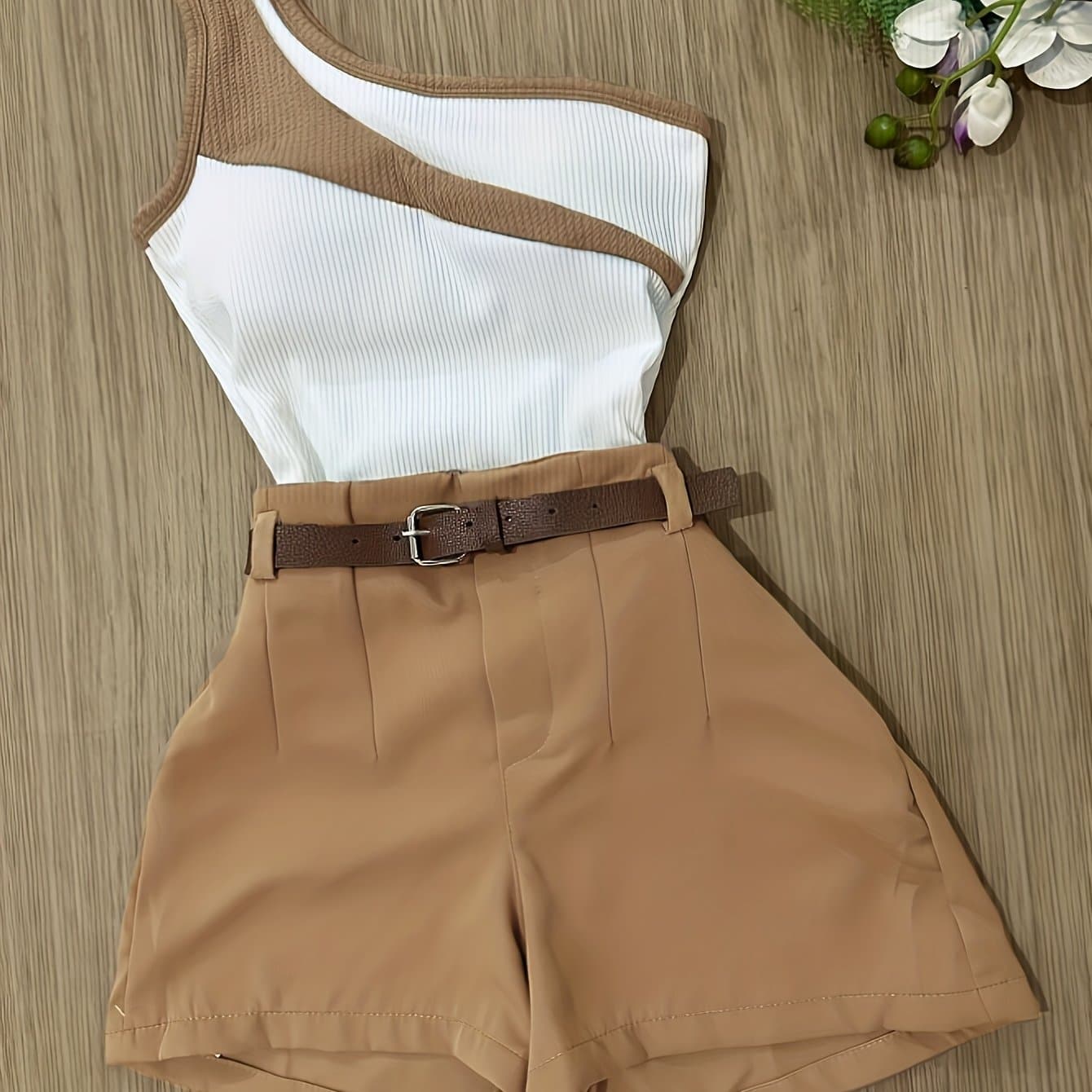 TEMU Women's : Off-shoulder Colorblock Vest, Vintage Blazer, And Casual Elegant Color-contrast Shorts (belt Not Included)