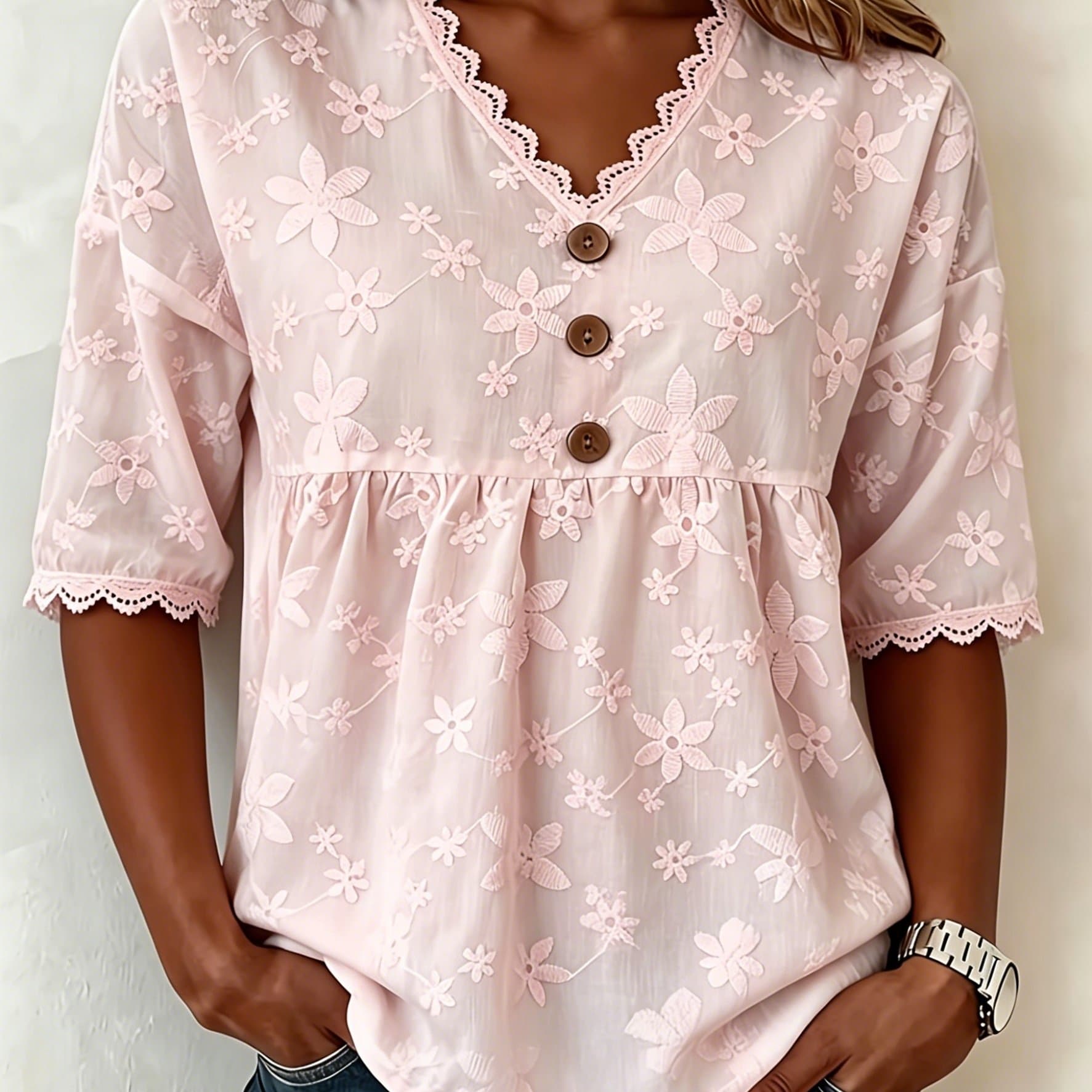 TEMU Wilderness Orientation Women's Casual V-neck Lace Top, Fashionable For Commuting And Dating, ' Blouse