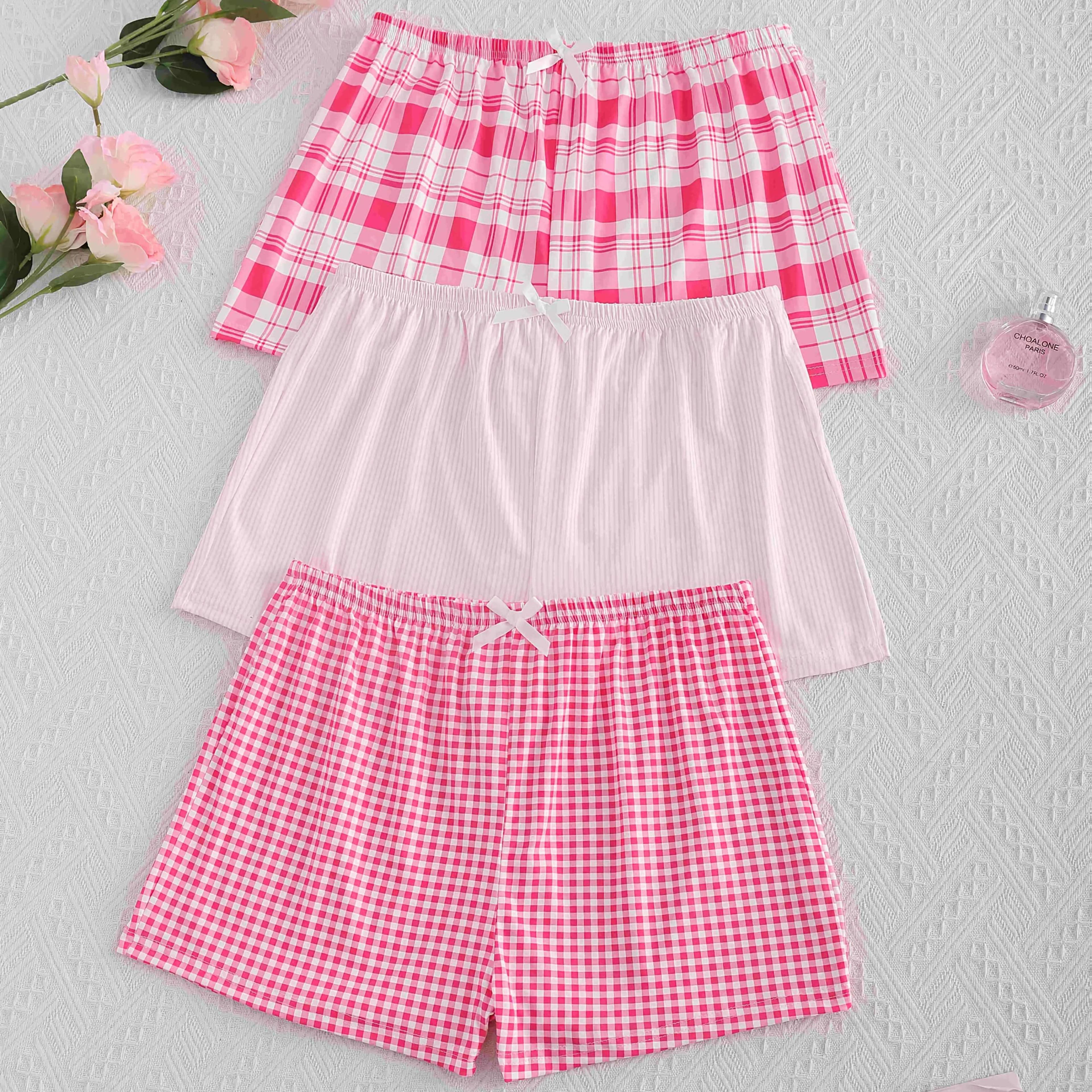 TEMU 3pcs Women's Loungewear Set - Comfortable Polyester Short With Bow Detail, Knit Fabric, Elastic Waist, Shorts - Pink And White Patterned Pajama Bottoms
