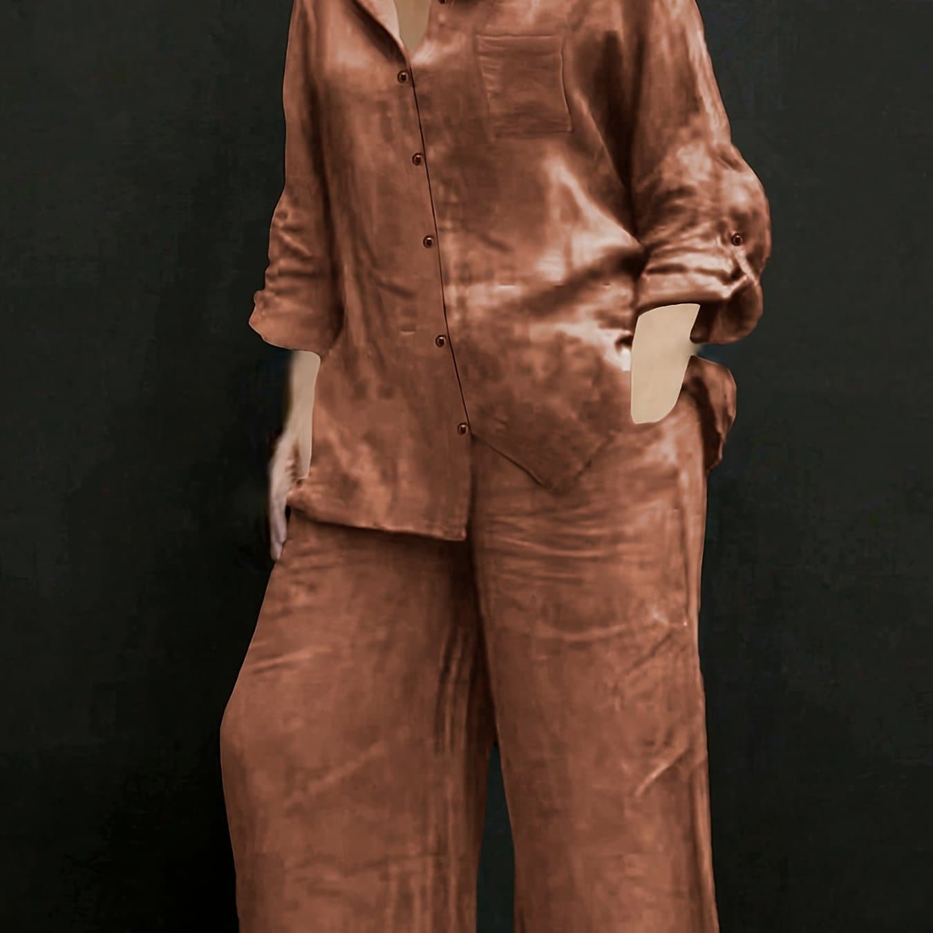 TEMU Elegant Women's Casual Cardigan Solid Color Shirt And Pants Set