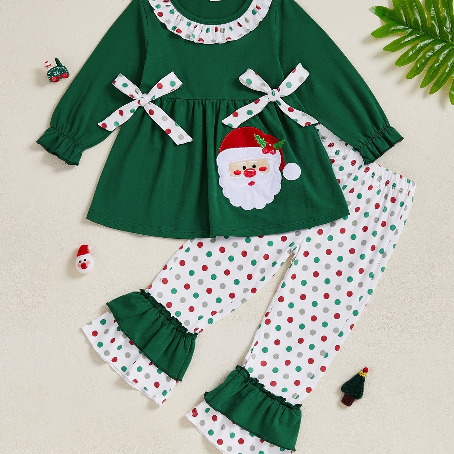 TEMU Girls' Pants Featuring A Long-sleeve Embroidered Santa Claus Shirt With Polka Dot Flared Trousers, Perfect For Christmas, For Outdoor