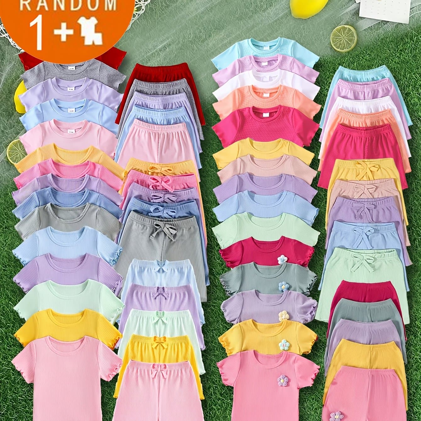 TEMU 60pcs 2pcs (1 Set), Girls' Clothing Printing Combination Short Sleeve T-shirt Combination Shorts Outdoor Suit-random Hair., Perfect For Outdoor