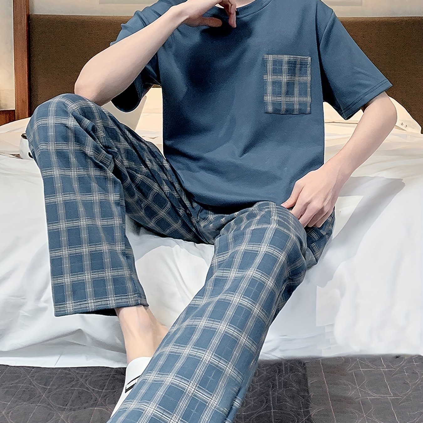 TEMU Men's Pajama Set With Pockets - Soft, Comfortable & Stylish Short Sleeve Pullover And Long Pants Loungewear For Spring/fall