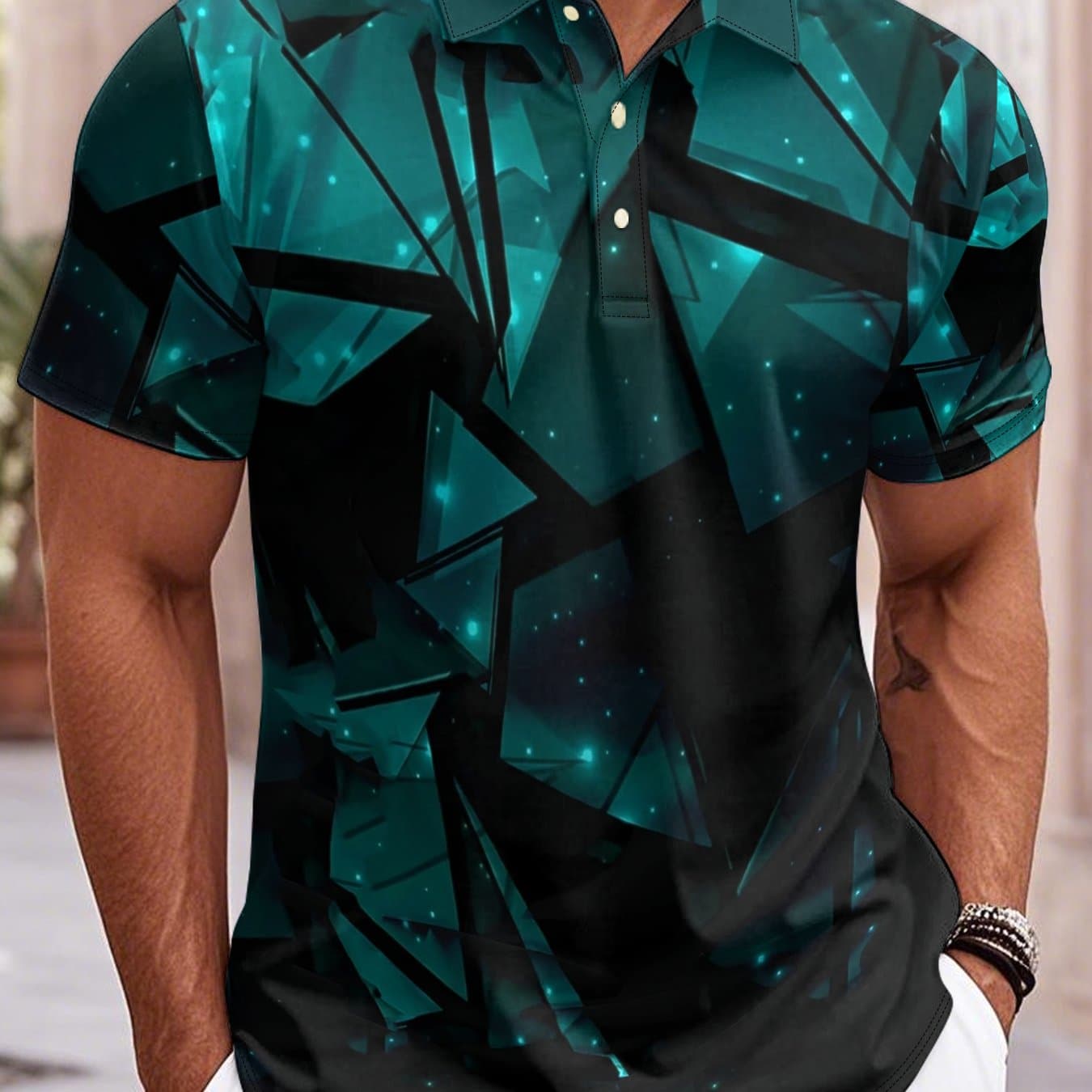 TEMU Men's Crystal Pattern Printed Casual Short-sleeved , Suitable For Daily Casual Outing Wear, Polyester Fiber Fabric Light And Breathable Top