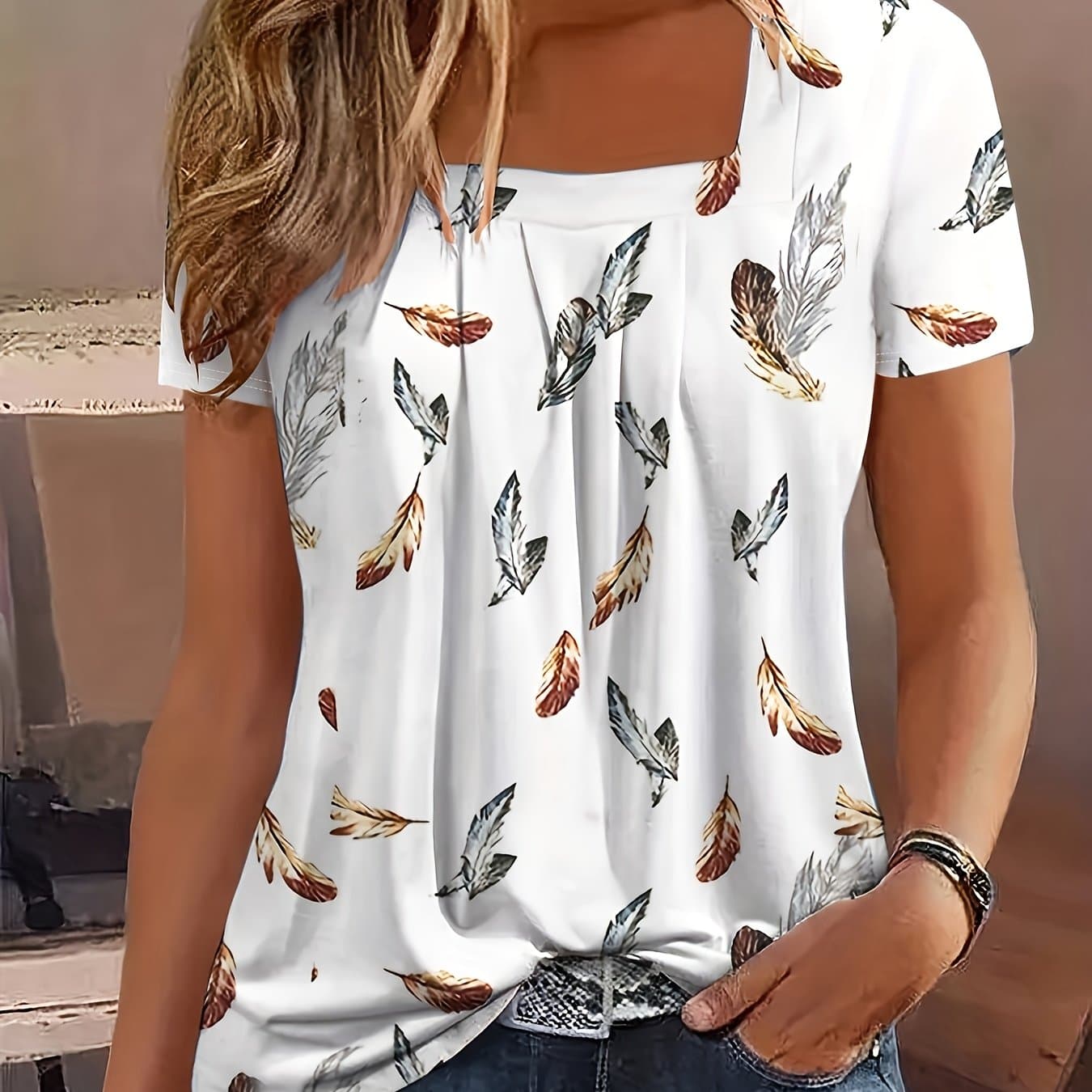 TEMU European And American New Ruffle Hem Flowy Drape Full Pleated Square Neck Fashion Short Sleeve T-shirt Top