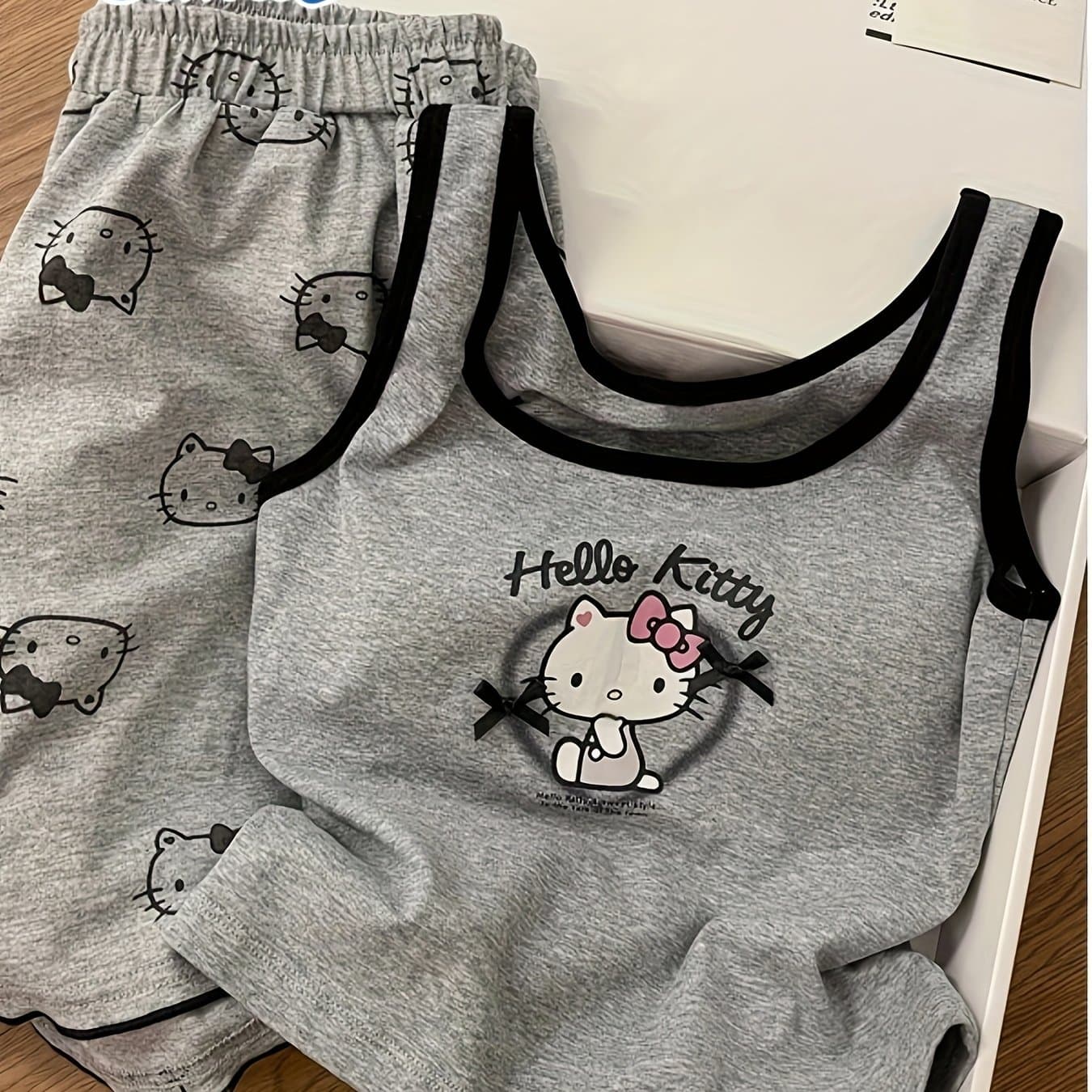TEMU Authorized Hello Kitty Casual Comfortable Pajamas Set Vest Pajamas Set Cute Hello Kitty Print Pattern Pajamas Home Clothes Set