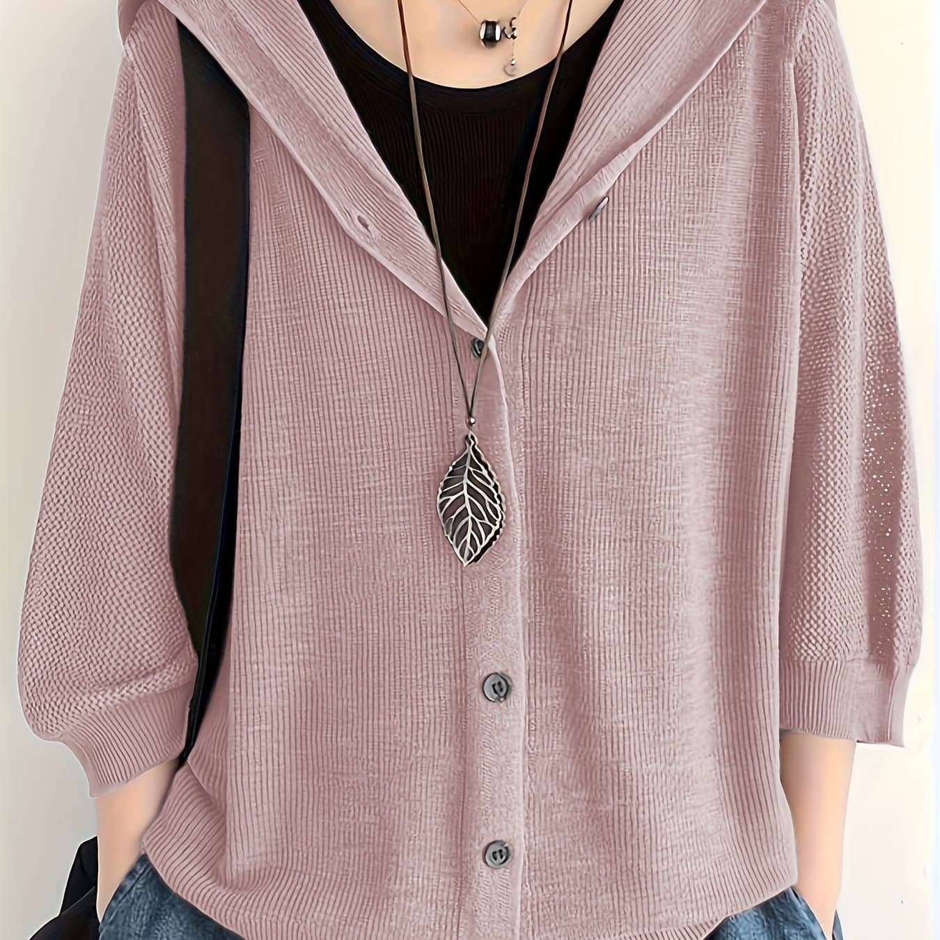 TEMU Fine Cardigan Jacket Women's New Solid Loose Hooded Outerwear Thin Hollow Out Three-quarter Sleeve Top thumbnail 2