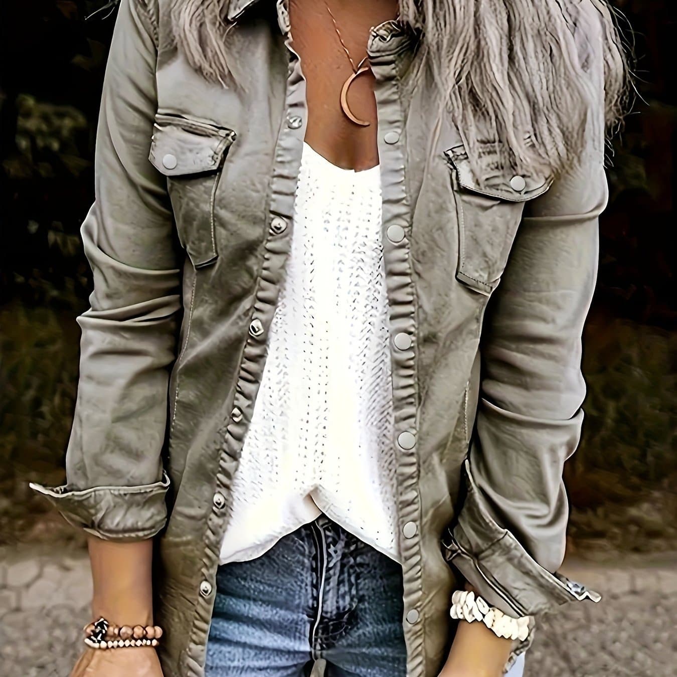 TEMU Solid Color Long Sleeve Button Up Retro Style Flap Pocket Denim Shirts Top, Women's Denim Jeans & Clothing
