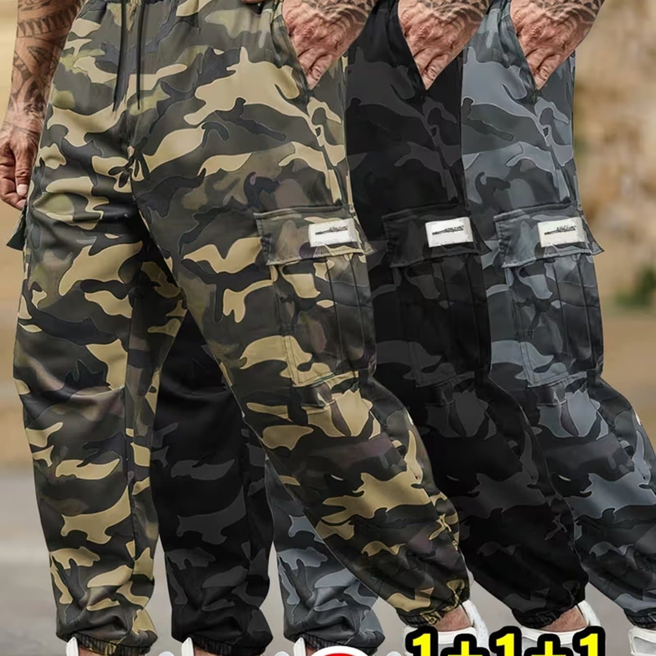 TEMU 3pcs Men's Camouflage Cargo Pants With Elastic Waist & Adjustable Drawstring - Pants Suitable For Outdoor, Gym, Casual Wear - Multi- Pants, Ideal Gift For Men ()