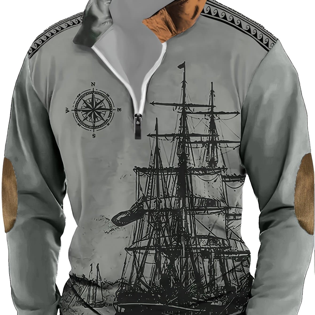 TEMU Men's Casual And Comfortable Long-sleeve Shirt With A Vintage Sailboat Print For Autumn And