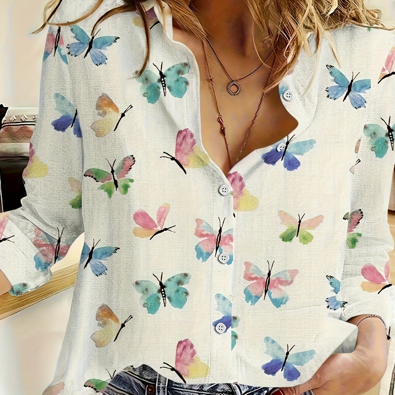 TEMU And Autumn European Style Casual Loose Long-sleeve Shirt For Women With A Colorful Print And A Collar
