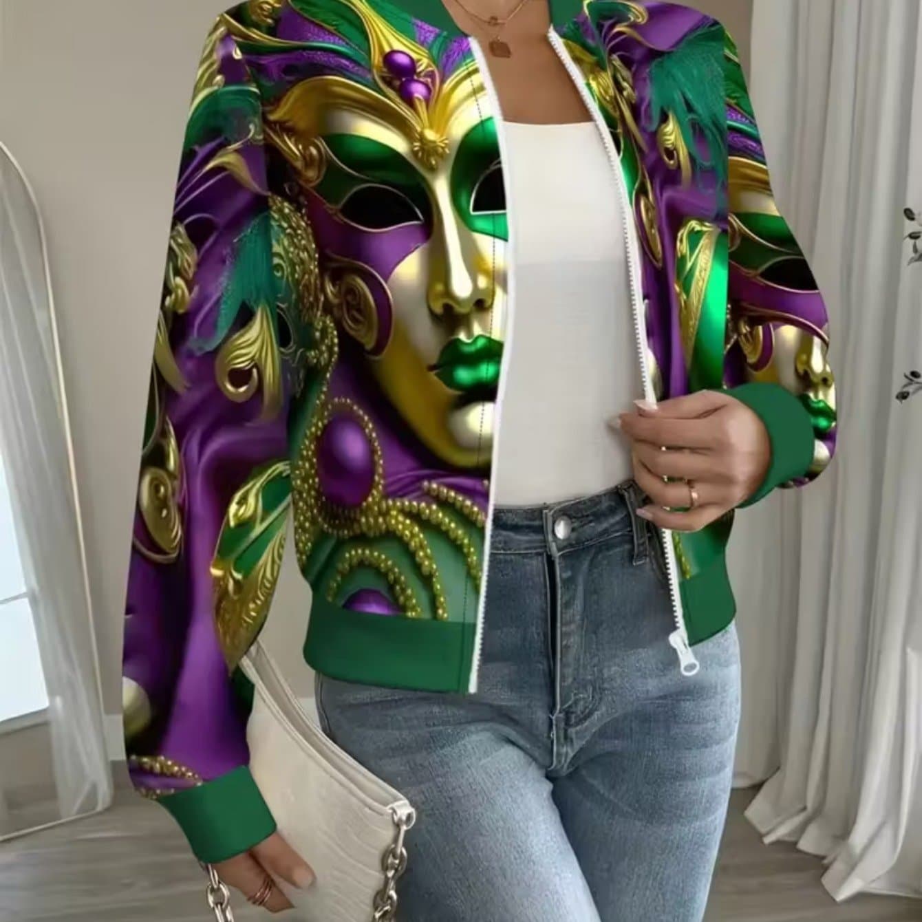 TEMU Women's Masquerade Ball Jacket With Venetian Mask Print - Full- & Pattern, Short Length Zipper Coat, Machine Washable Winter For Mardi Gras Parties, New Year's Eve & Daily Wear - Style Outerwear