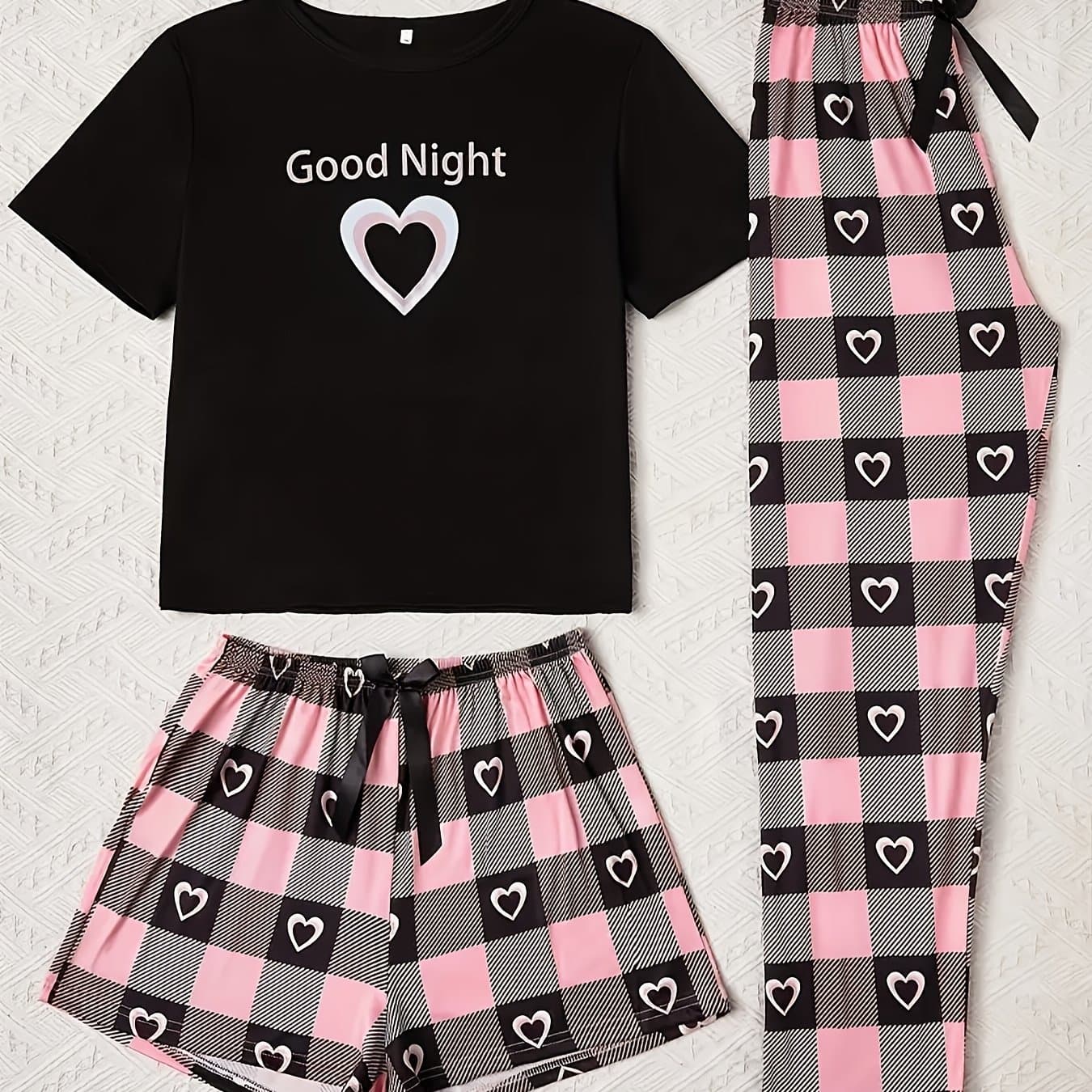 TEMU Grey And Red Love Print Women's Casual Pajama Set With Short Sleeves, Shorts, And Long Pants 3 Pieces