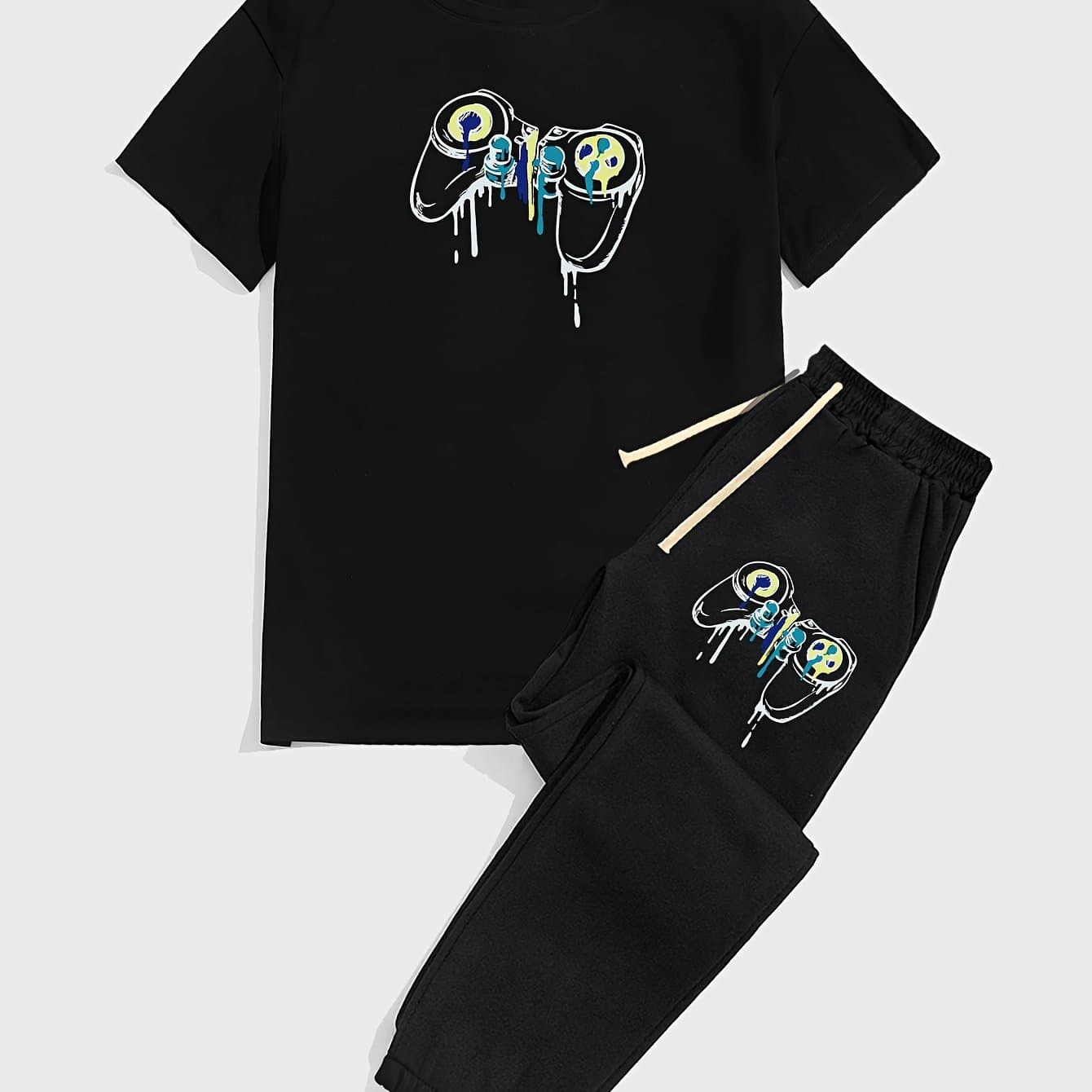 TEMU 's Fashion Print Short Sleeve T-shirt And Casual Pants Set
