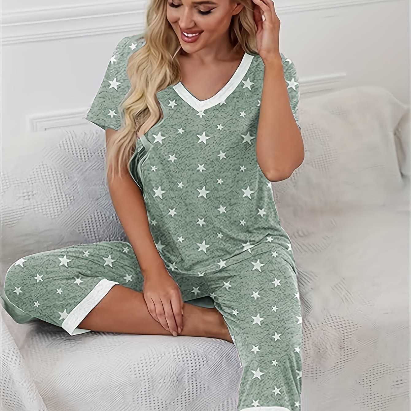 TEMU Capri V-neck Short Sleeve Top And Capri Pants Pajama Set With Pockets Loungewear Set