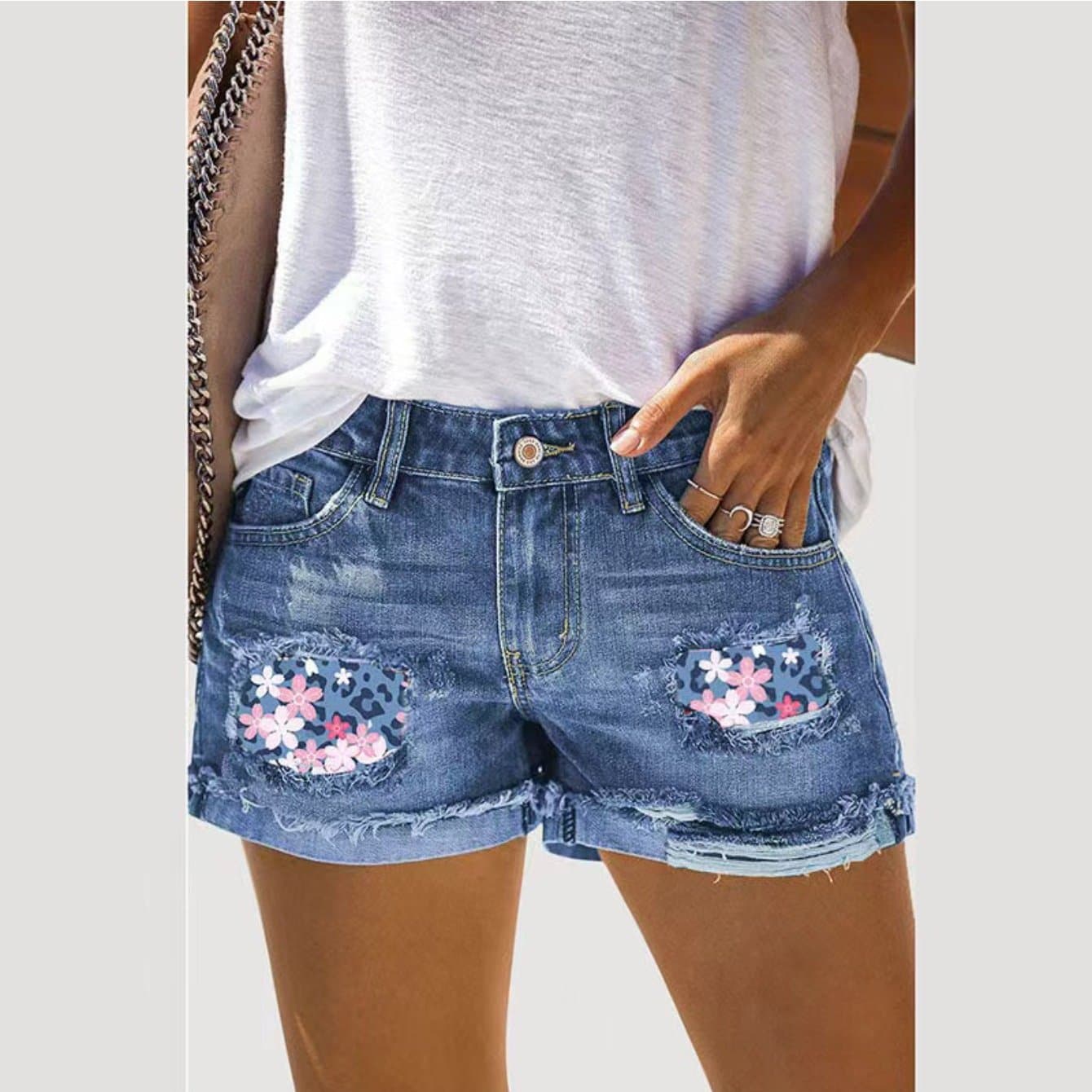 TEMU Boho Floral Denim Shorts Vintage Distressed Ripped Jean Shorts Frayed Hem Summer Streetwear Trendy Aesthetic Shorts For Women Casual Vacation Outfit