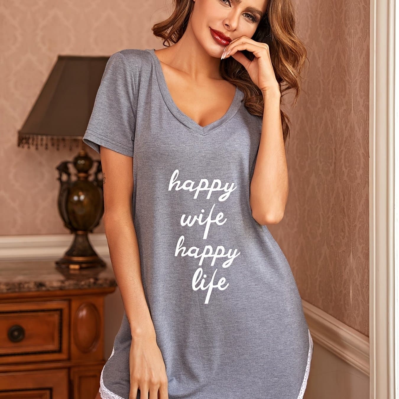 TEMU Comfortable Sleep Dress With A Sexy V-neck, Letter Print, And Lace Trim
