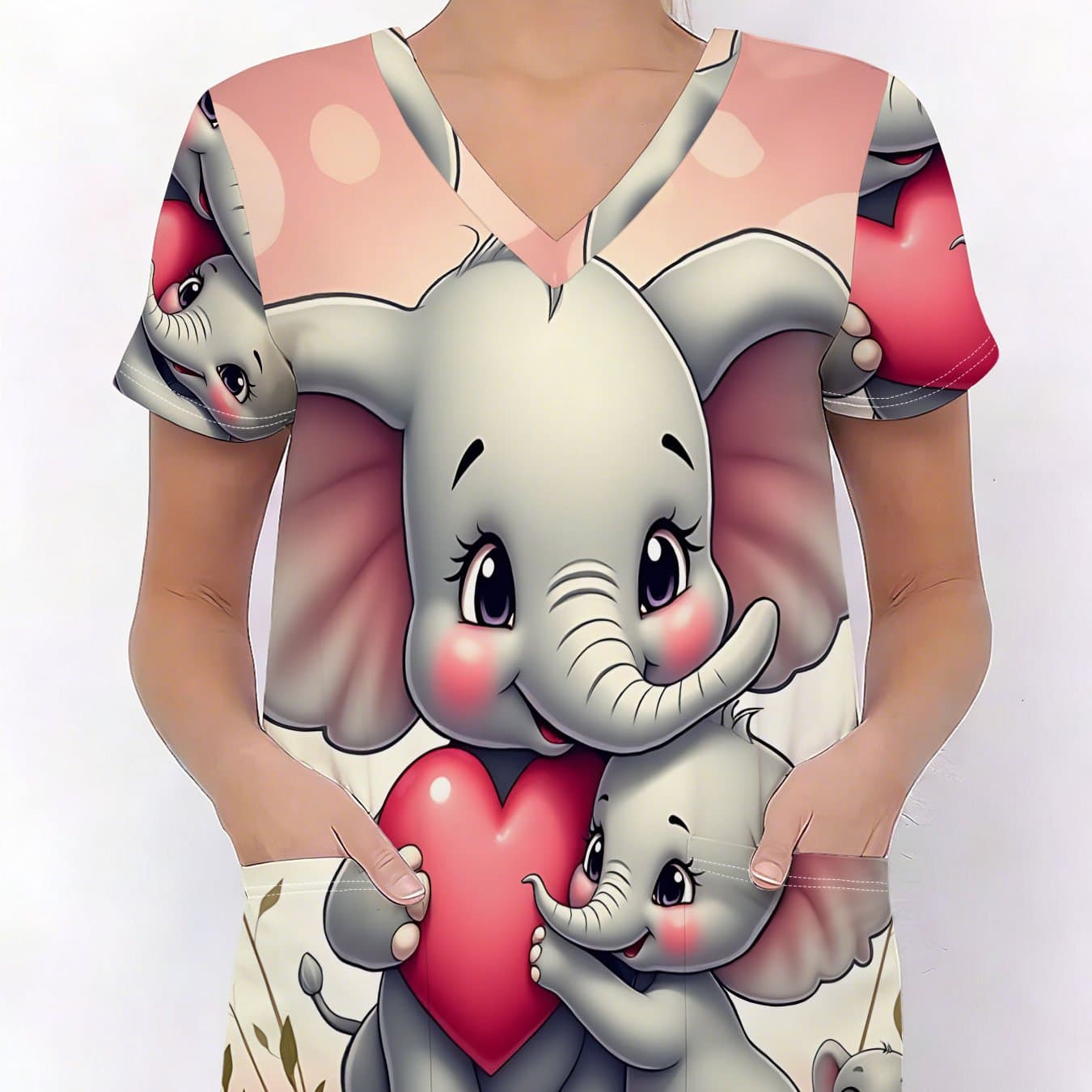 TEMU Print Cute Pink Heart Illustration Women's Stylish Short-sleeve V-neck Top, Casual And Comfortable Nurse Uniform With Pockets, Trendy Scrubs Suitable For Pet Shops, Beauty Salons, Dental