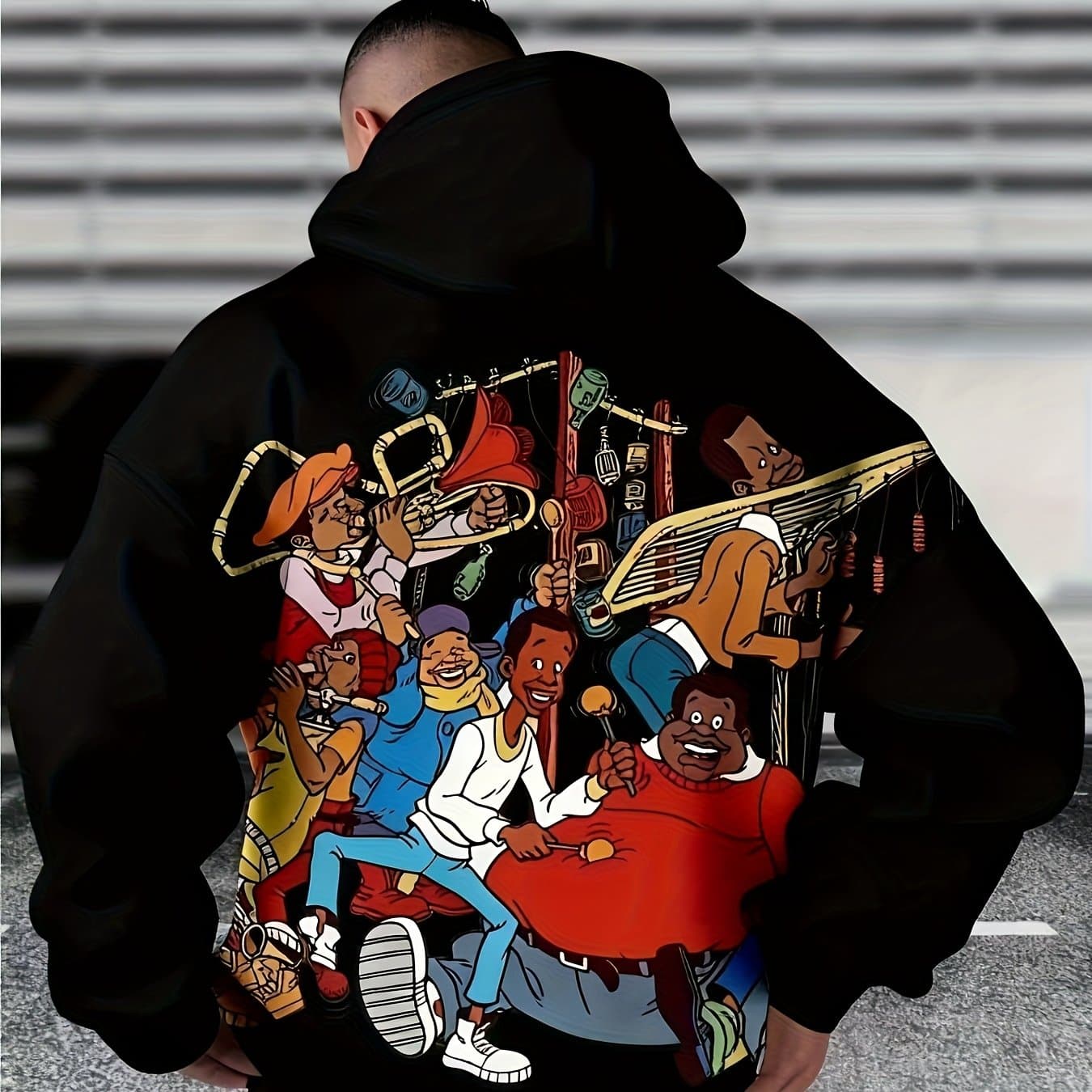TEMU Men's Printed Drop-shoulder Novelty Long-sleeve Sweatshirt With Cartoon Graphic, Fashionable Streetwear, Plus Size